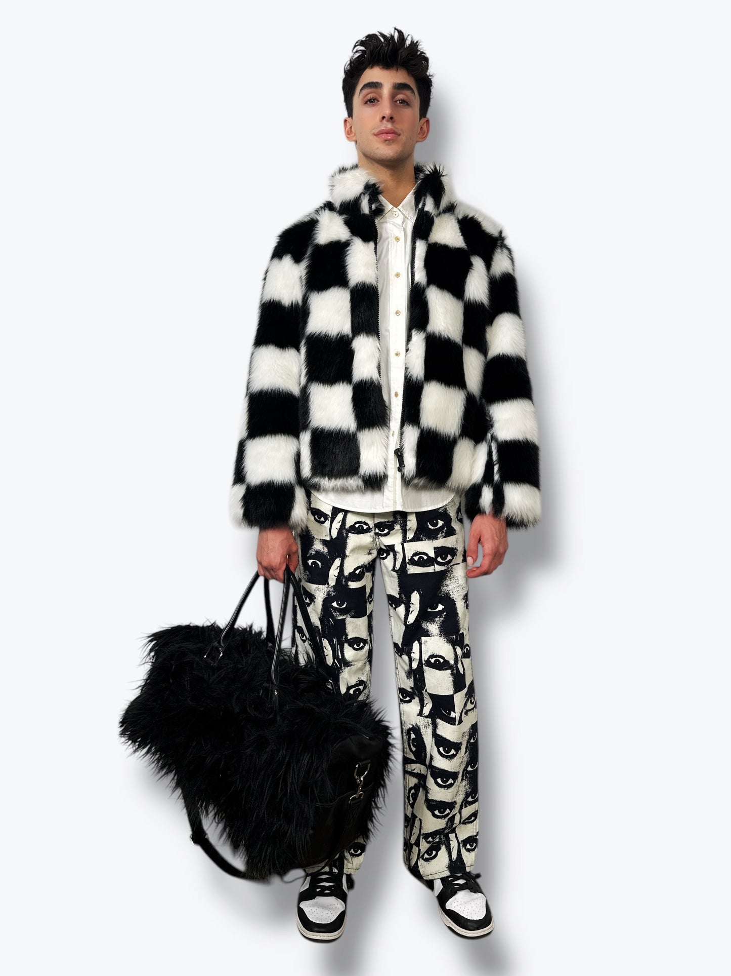 Vintage Black and White Checkered Faux Fur Jacket