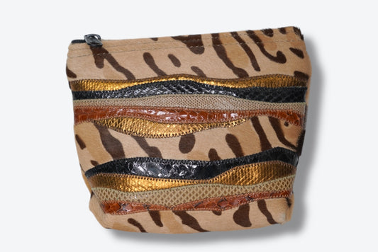 1980s Carlos Falchi Pony Hair Mixed Media Small Zip Clutch