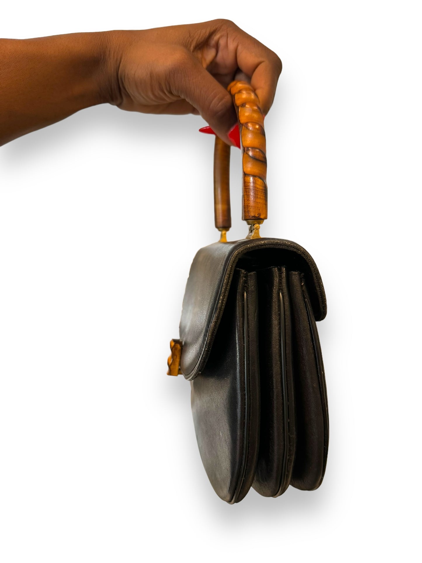 1950s Vegan Leather and Bamboo Accordion Style Hand Bag