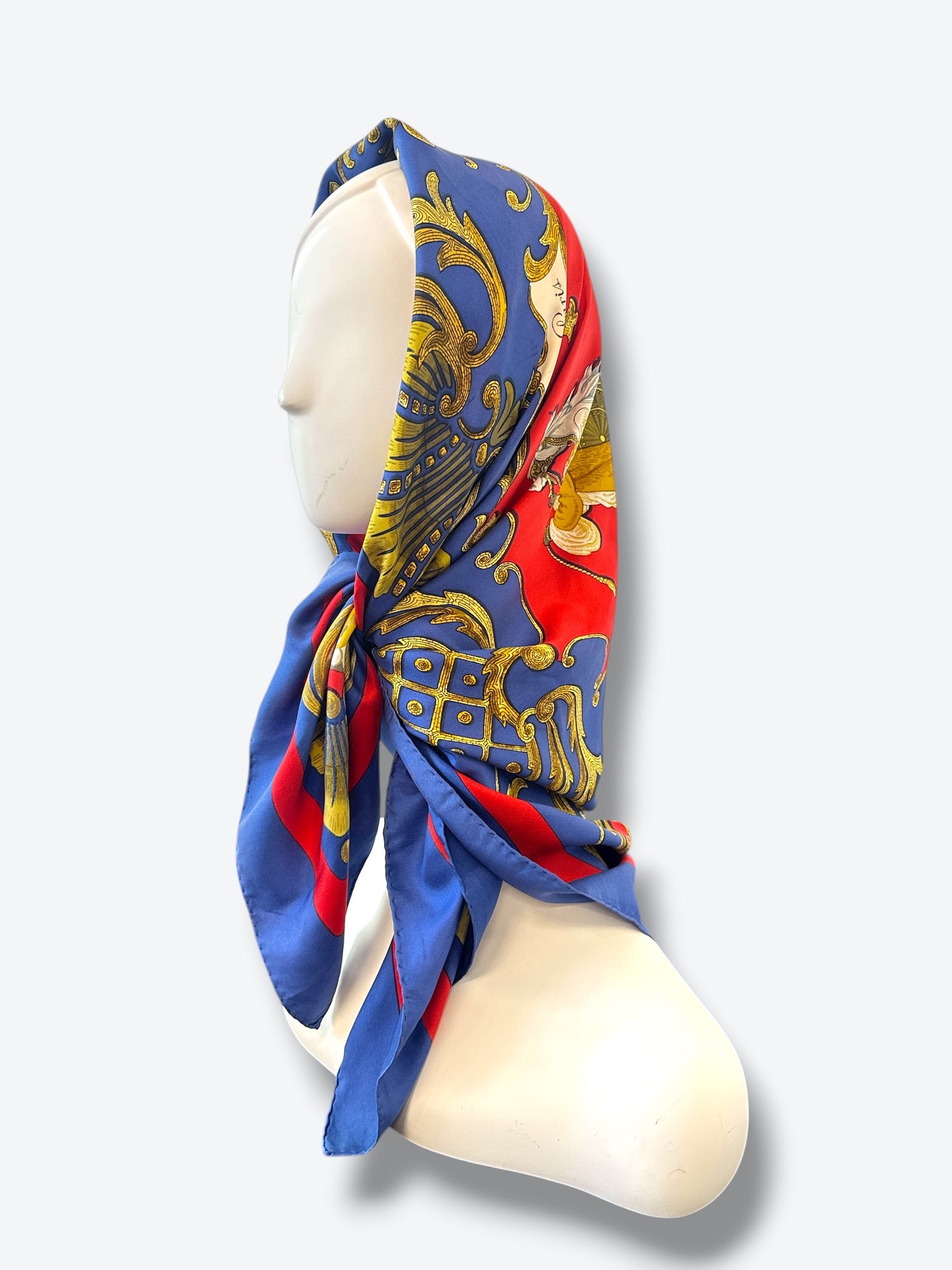1970s 35” x 35” Hermès Paris Vintage Silk Scarf “Cheval Turc” – Red/Blue/Gold