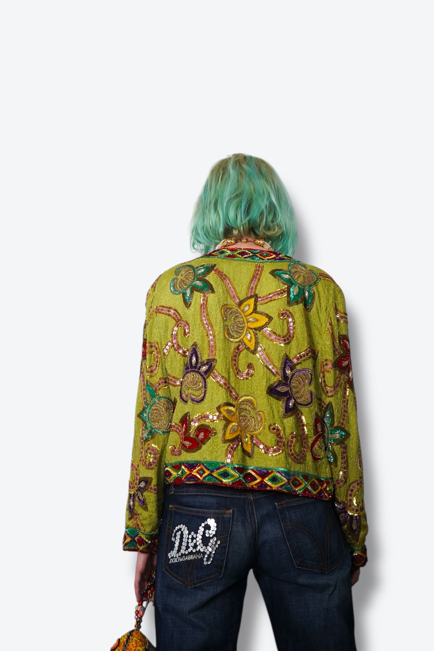 Vintage 1990S Silk and Multi Sequin Jacket green jkt sequins