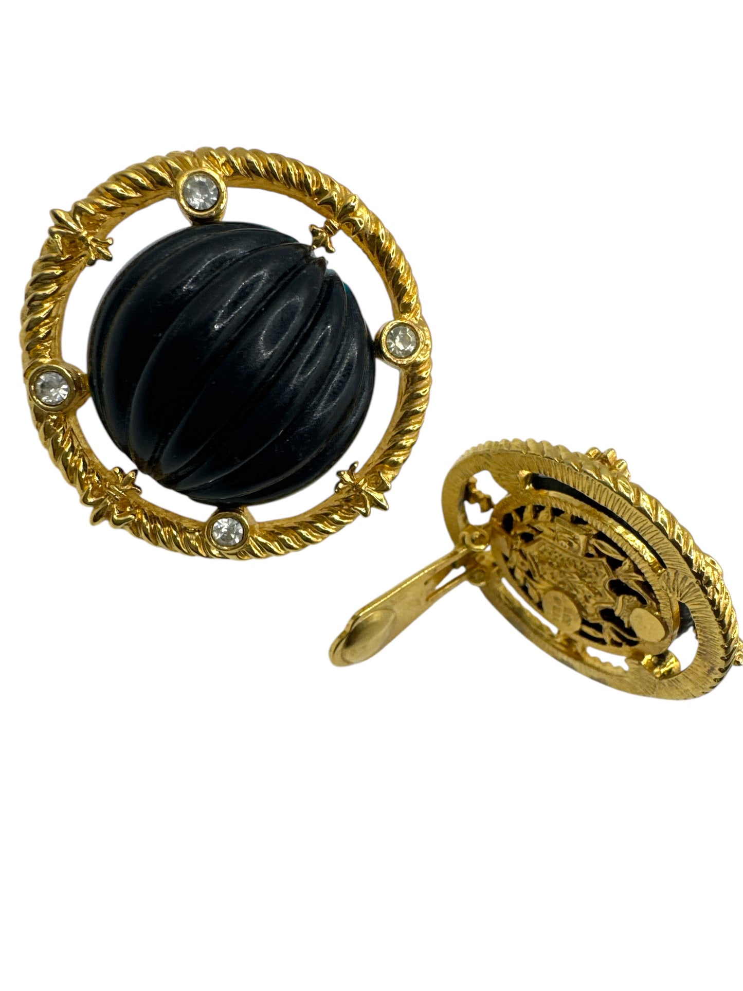 1980s Gold and Black Enamel Crest and Crystal Circular Clip On Earrings