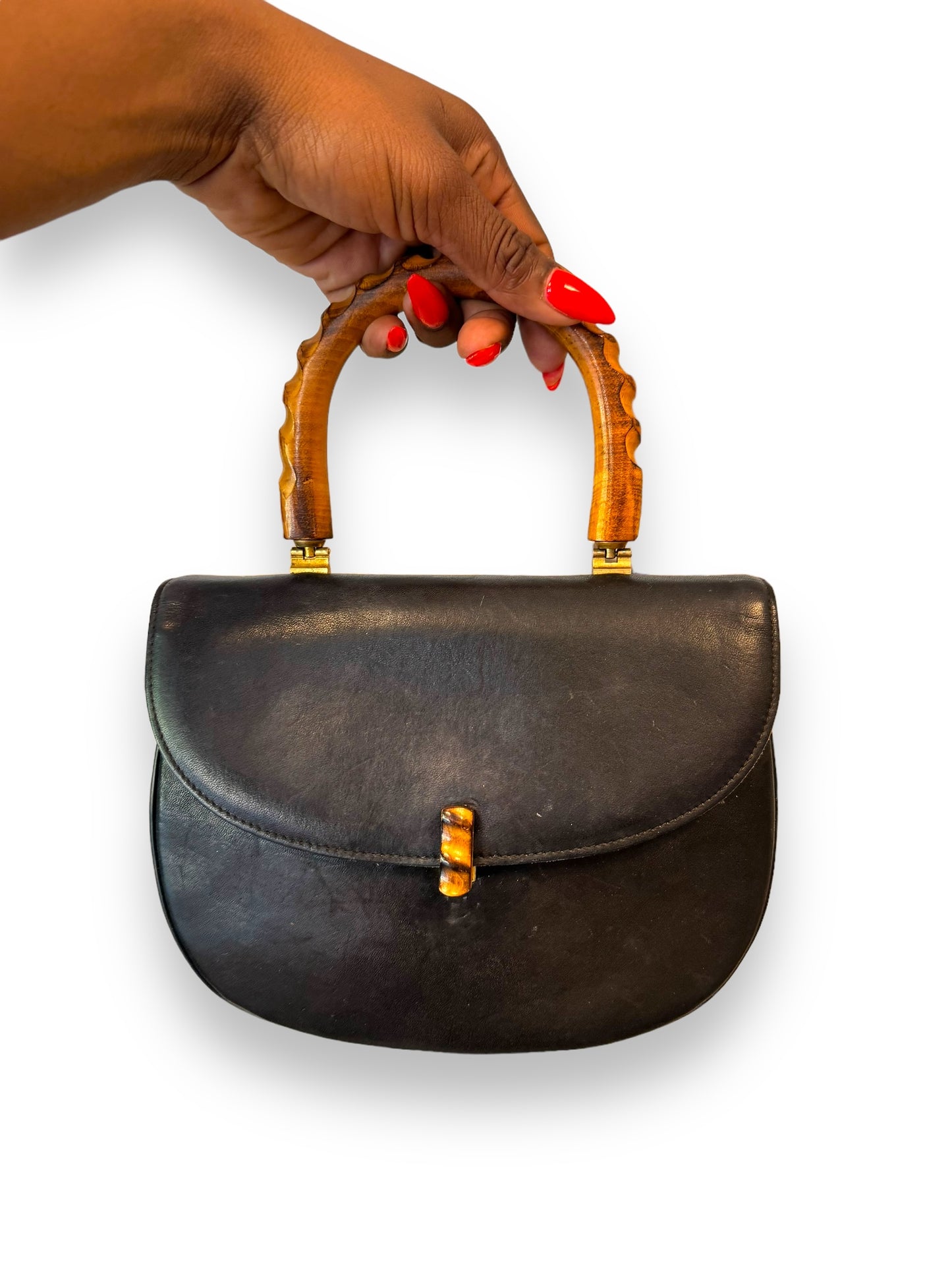 1950s Vegan Leather and Bamboo Accordion Style Hand Bag