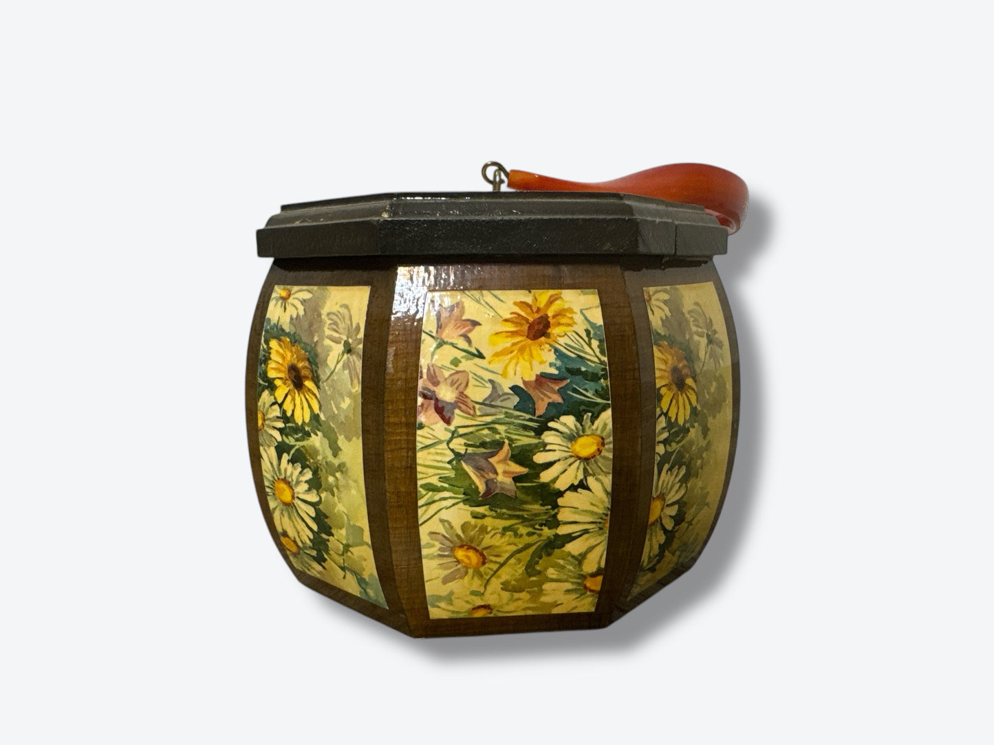 1960s Decoupage Floral Wooden Purse + Bakelite Handle