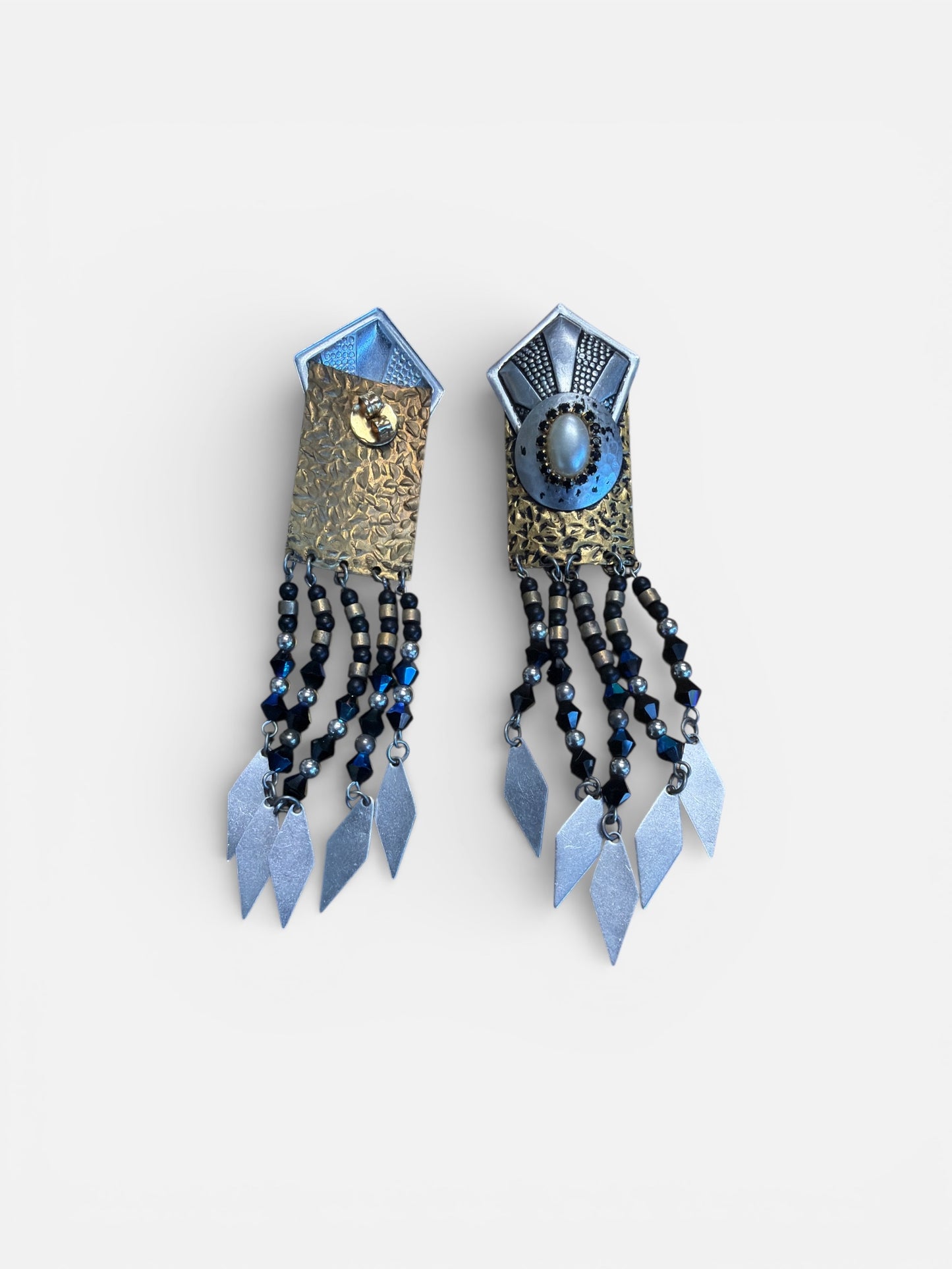 1990s Art Deco Fringe Earrings with Black Beads & Metal Drops