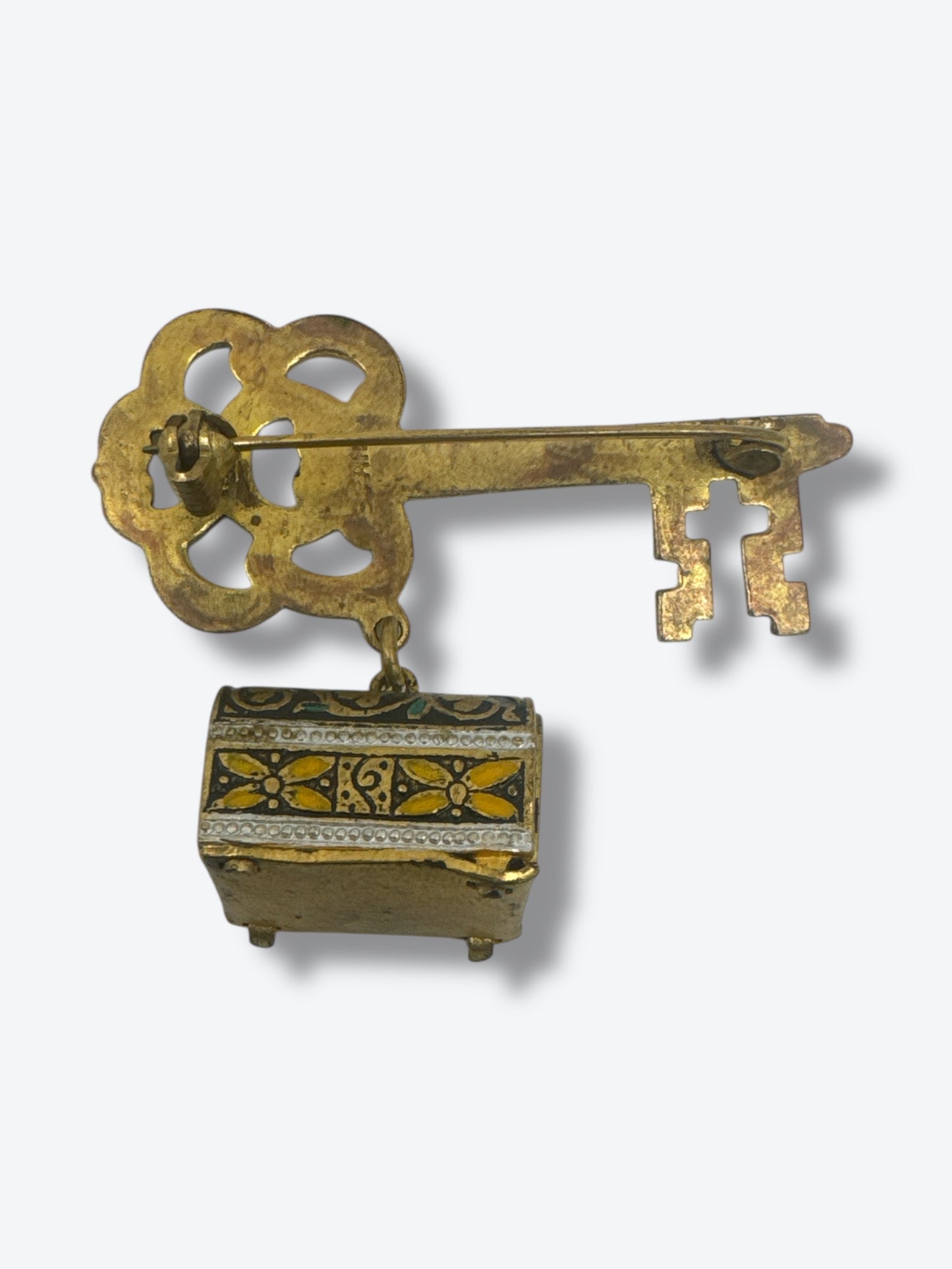 1950s Italian Micro Mosaic Key and Treasure Chest Brooch