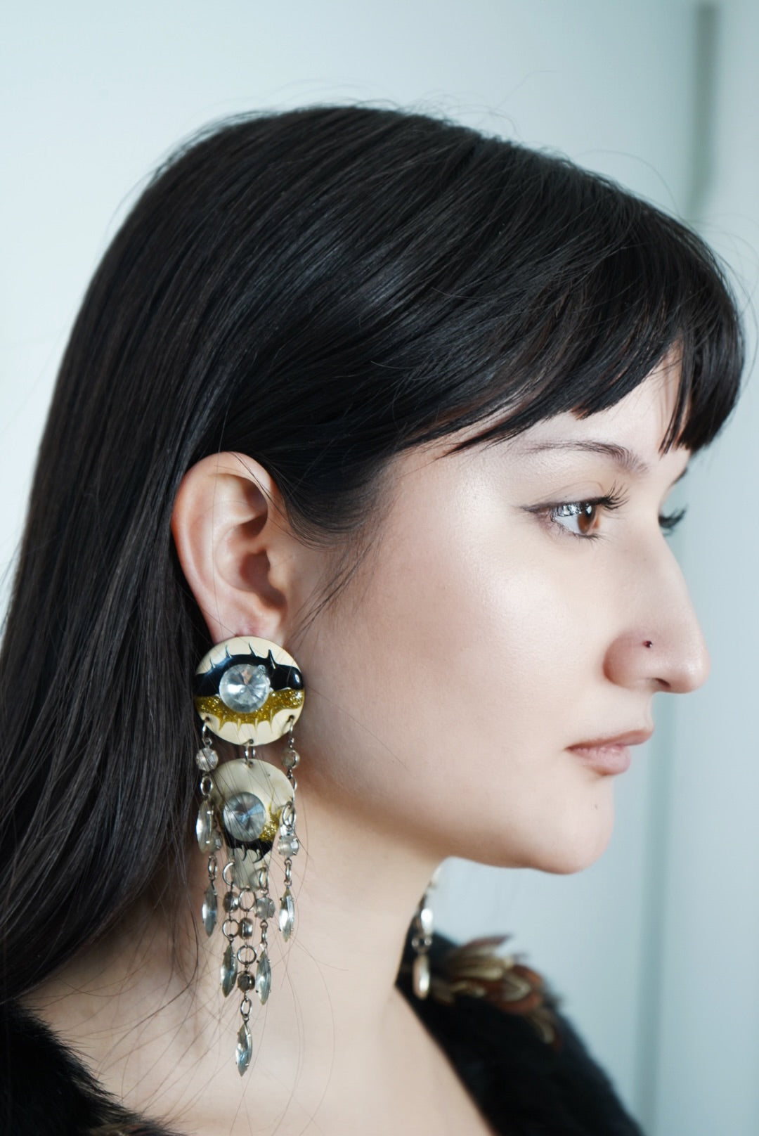 1980s Painted Metal Earrings with Rhinestone Detail