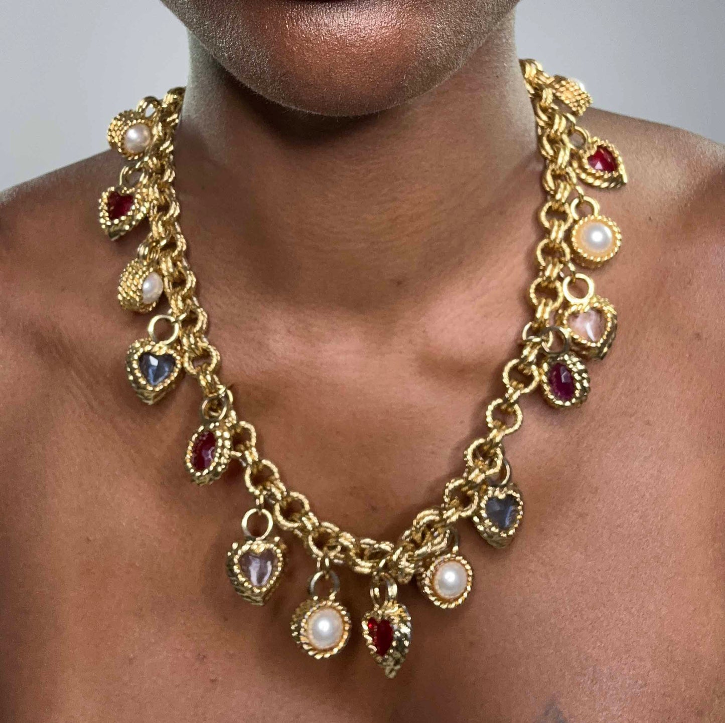 1980's Gem + Pearl Charm Necklace