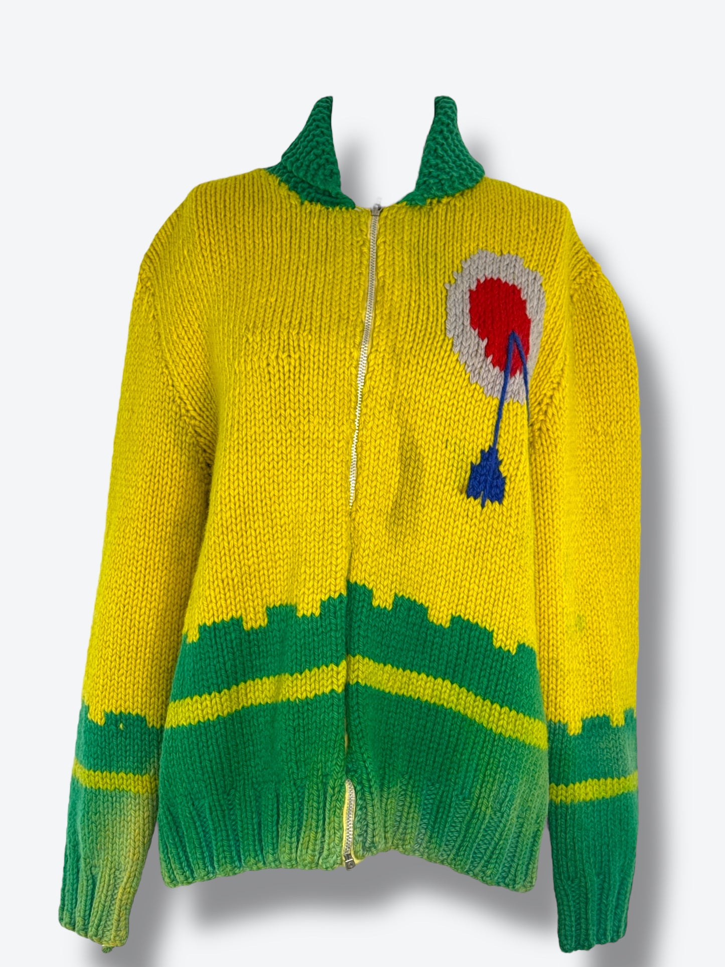 70s/80s Unisex Hand-Knit Graphic Zip Cardigan – Abstract Folk Art Sweater Jacket (Worn To Perfection)