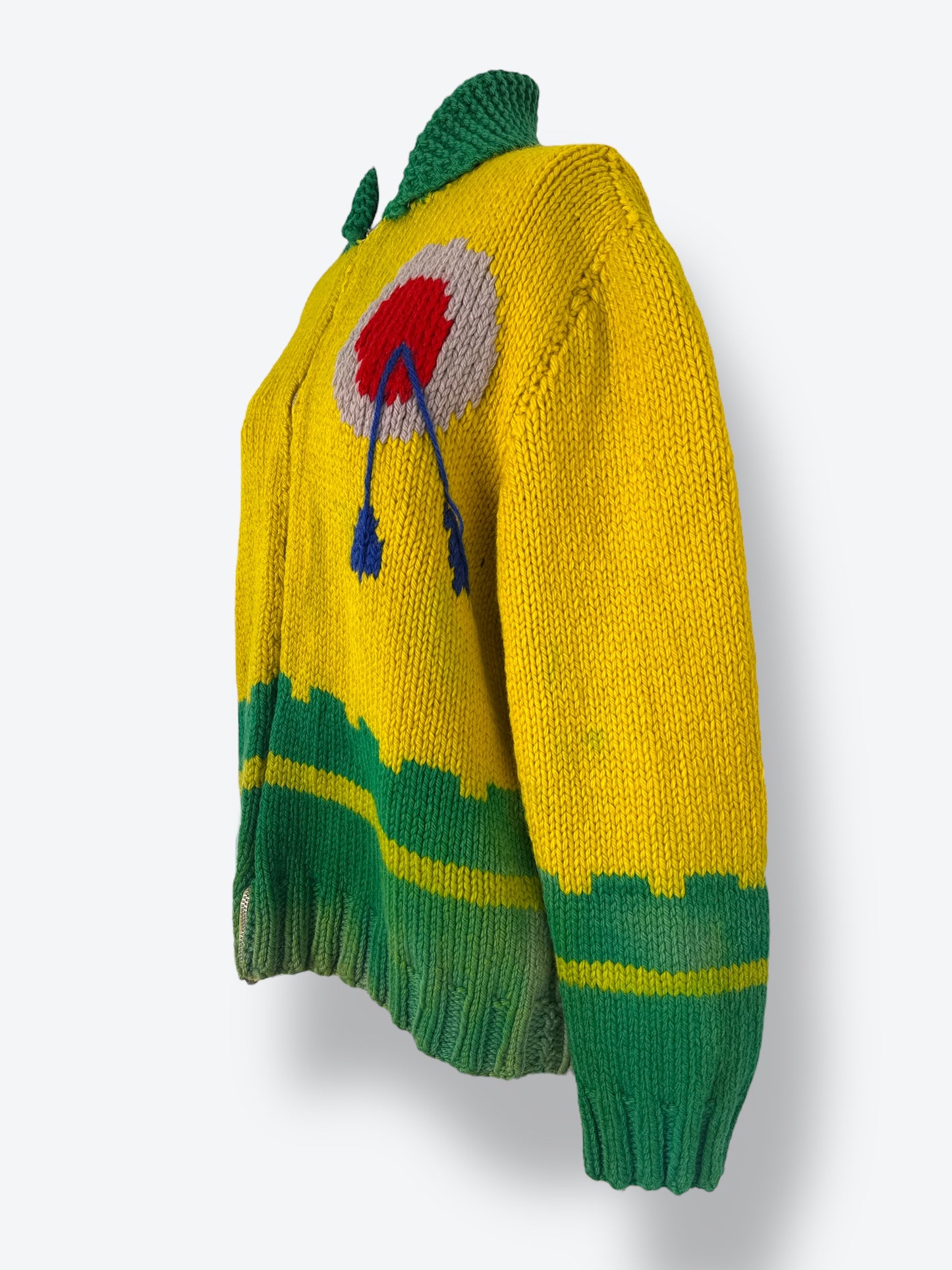 70s/80s Unisex Hand-Knit Graphic Zip Cardigan – Abstract Folk Art Sweater Jacket (Worn To Perfection)