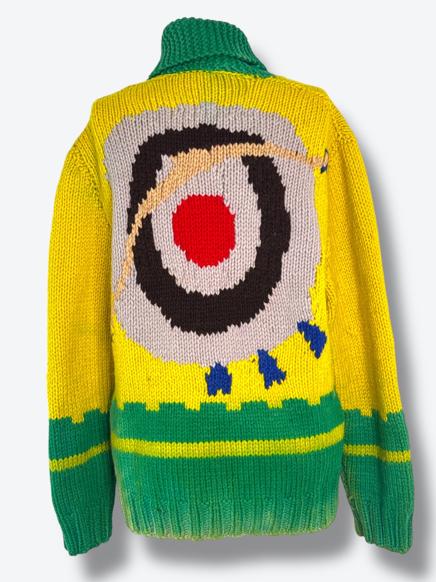 70s/80s Unisex Hand-Knit Graphic Zip Cardigan – Abstract Folk Art Sweater Jacket (Worn To Perfection)