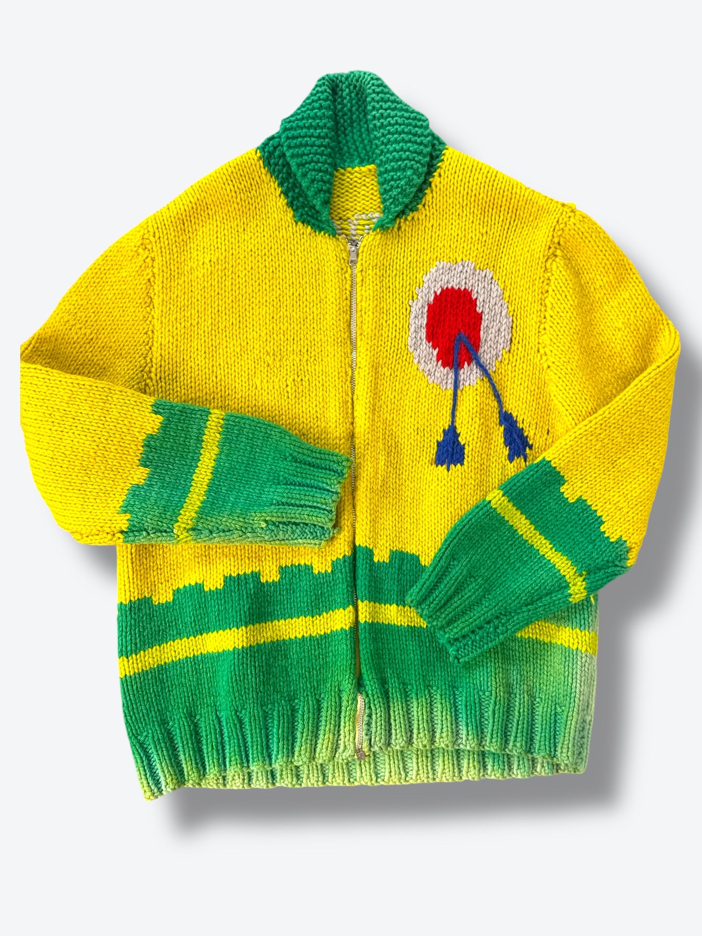 70s/80s Unisex Hand-Knit Graphic Zip Cardigan – Abstract Folk Art Sweater Jacket (Worn To Perfection)