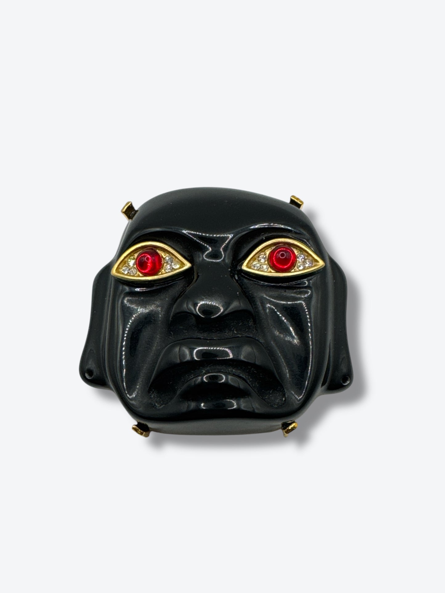 Kenneth Jay Lane Vintage Black & Gold Mask Brooch with Red Cabochon Eyes