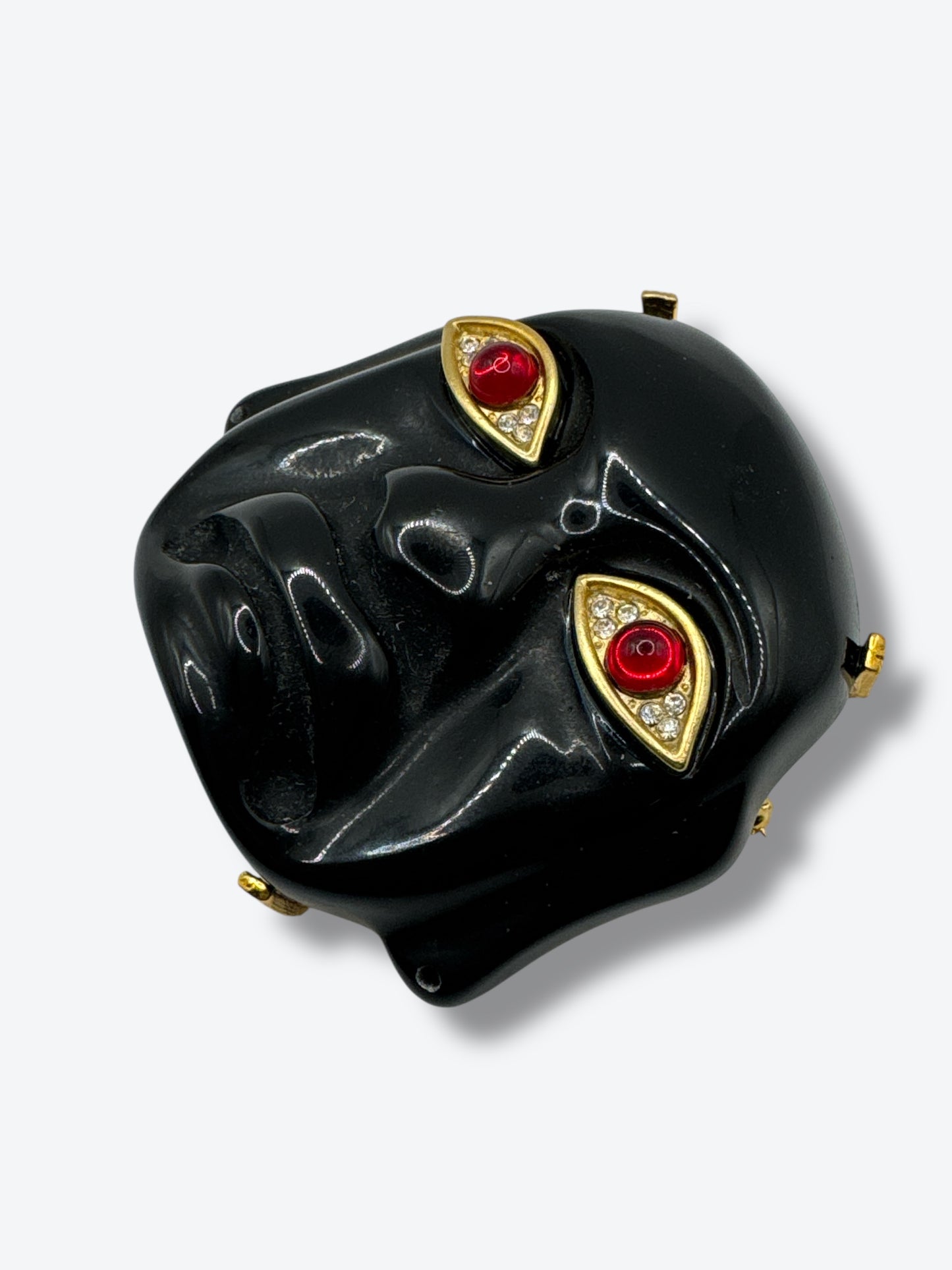 Kenneth Jay Lane Vintage Black & Gold Mask Brooch with Red Cabochon Eyes