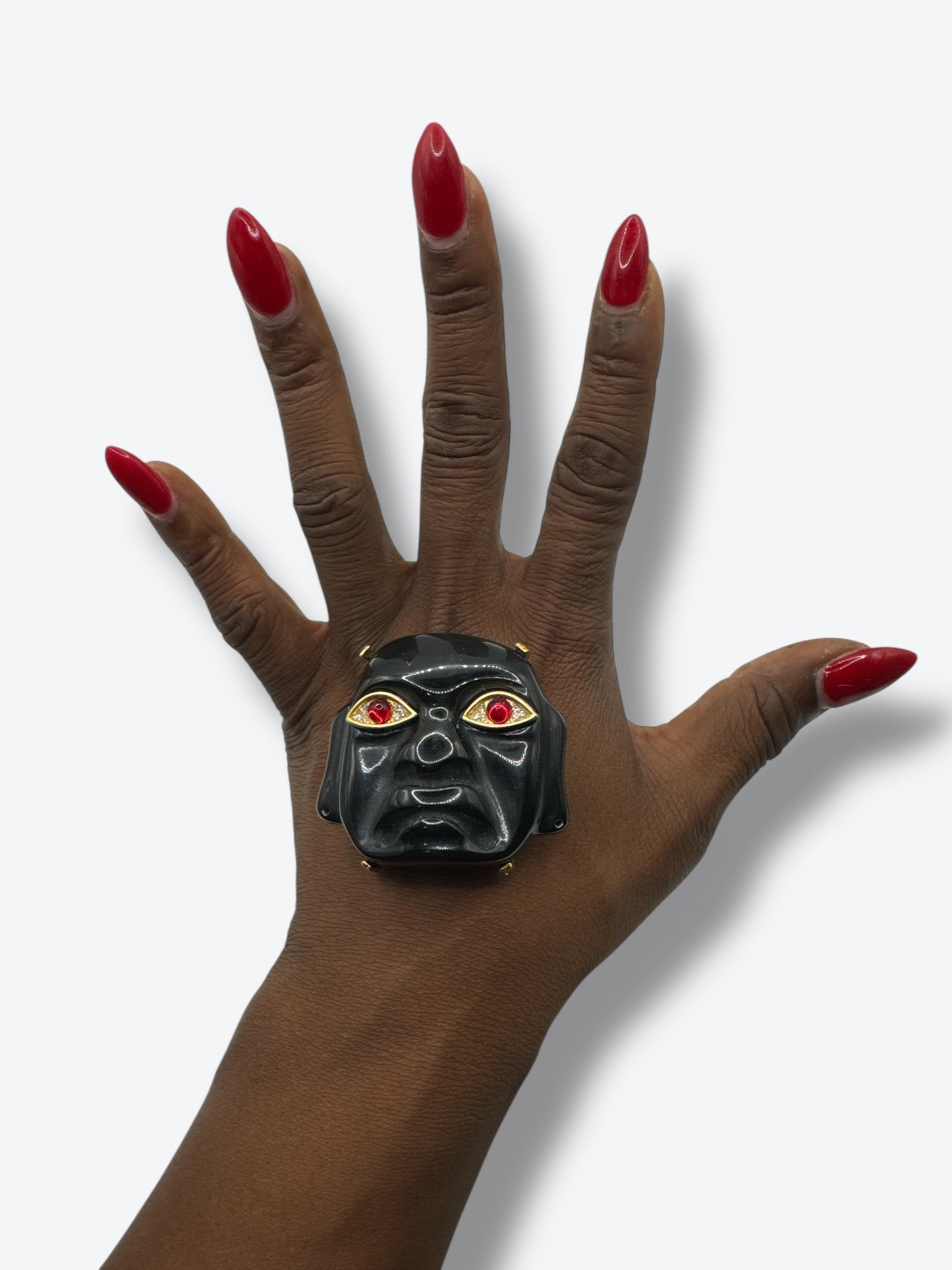 Kenneth Jay Lane Vintage Black & Gold Mask Brooch with Red Cabochon Eyes