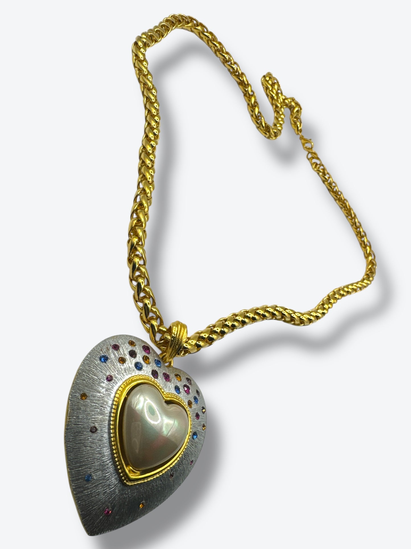 Vintage CRAFT Heart Pendant Necklace with Faux Pearl & Crystals – 1980s Statement Jewelry
