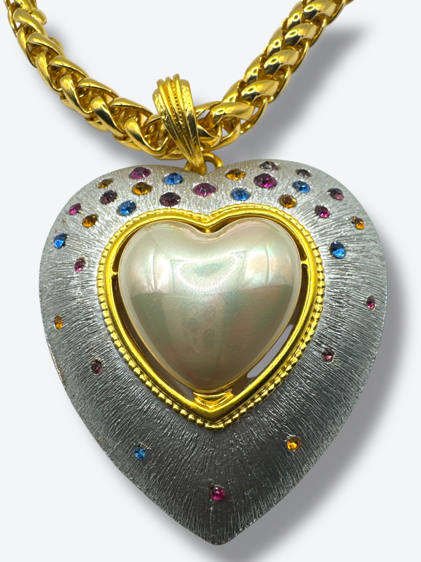 Vintage CRAFT Heart Pendant Necklace with Faux Pearl & Crystals – 1980s Statement Jewelry