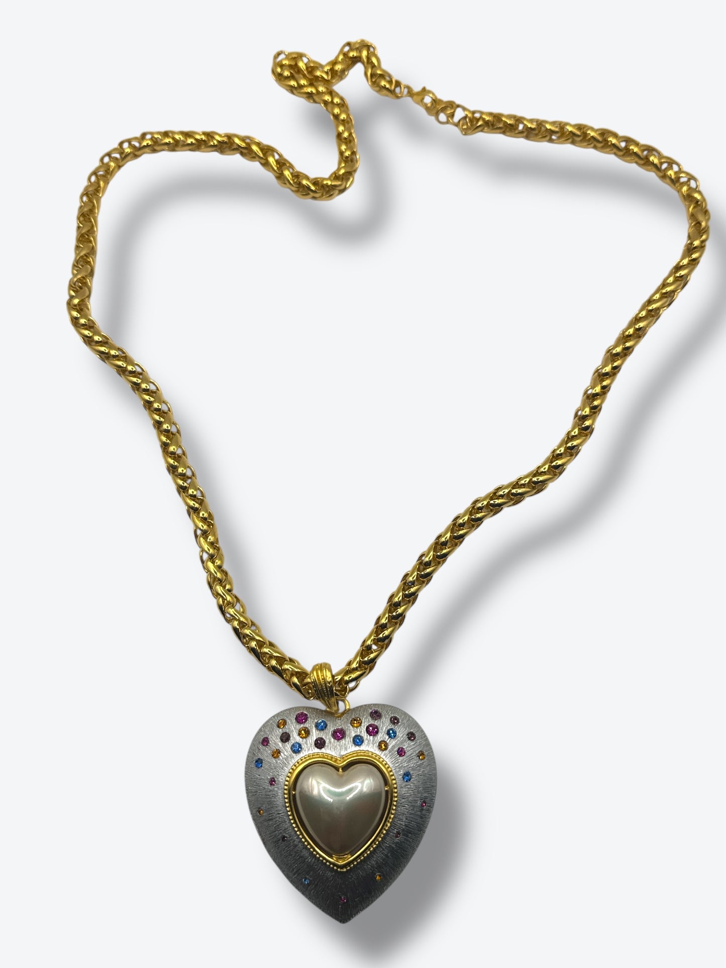 Vintage CRAFT Heart Pendant Necklace with Faux Pearl & Crystals – 1980s Statement Jewelry