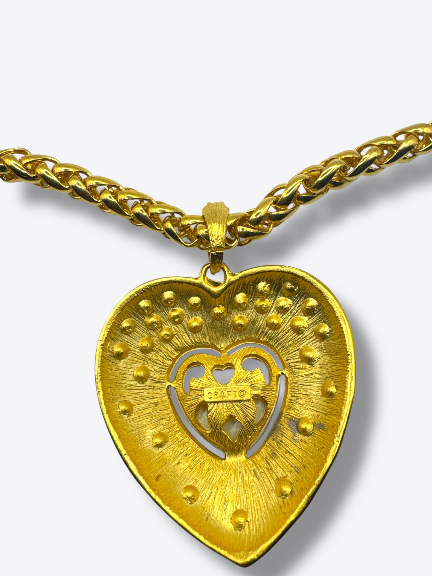 Vintage CRAFT Heart Pendant Necklace with Faux Pearl & Crystals – 1980s Statement Jewelry