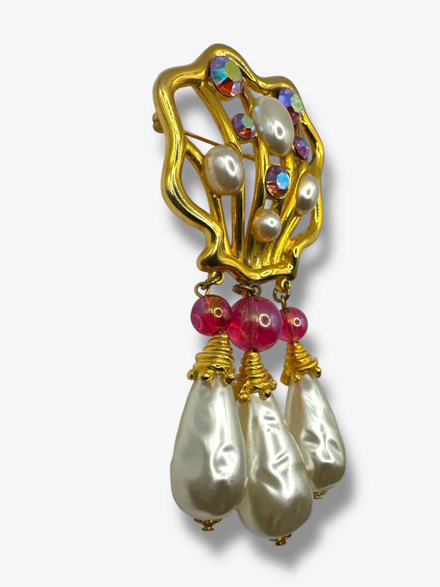 Vintage Statement Brooch with Faux Pearls & Aurora Borealis Crystals – 1980s Glam