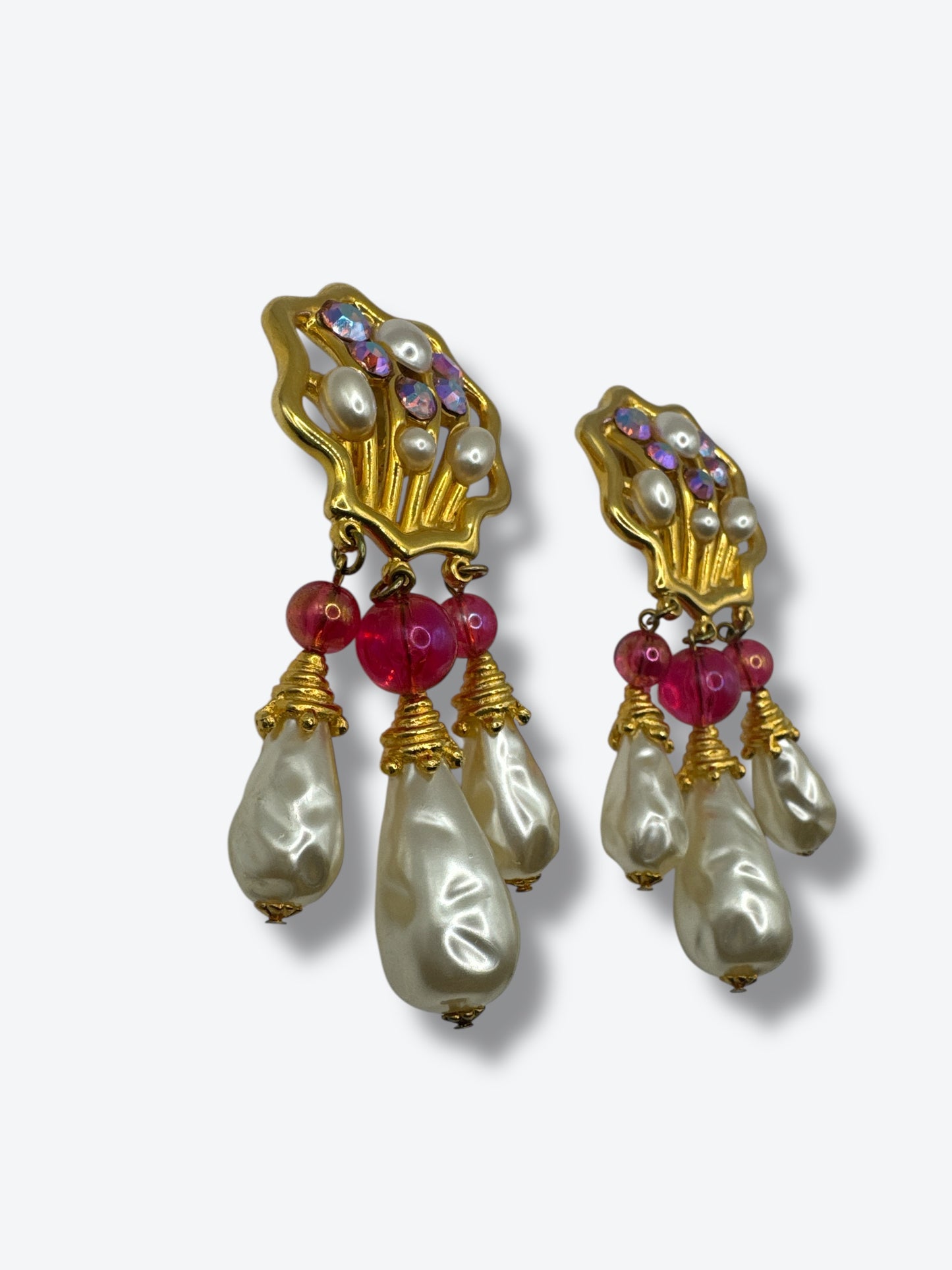 Vintage 1980s Statement Drop Earrings with Faux Pearls & Aurora Borealis Crystals