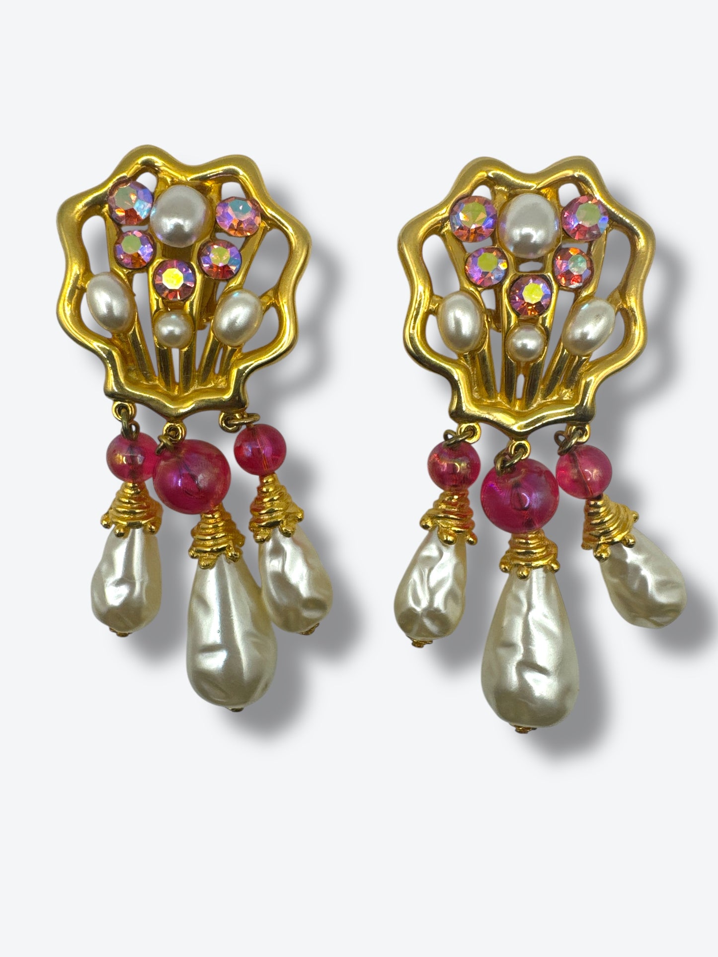 Vintage 1980s Statement Drop Earrings with Faux Pearls & Aurora Borealis Crystals