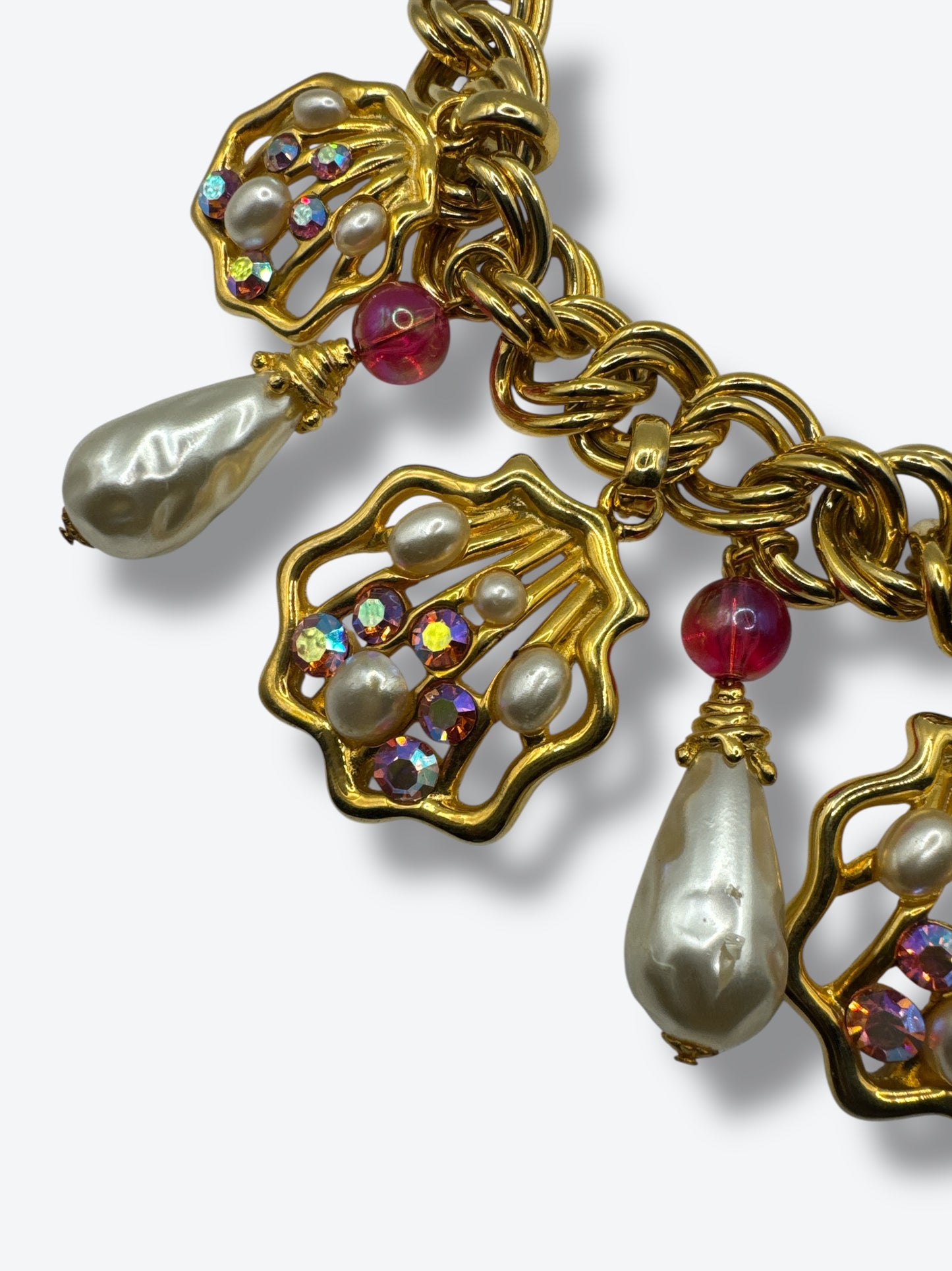 Vintage 1980s Statement Collar Necklace with Faux Pearls, Aurora Borealis Crystals & Baroque Drops
