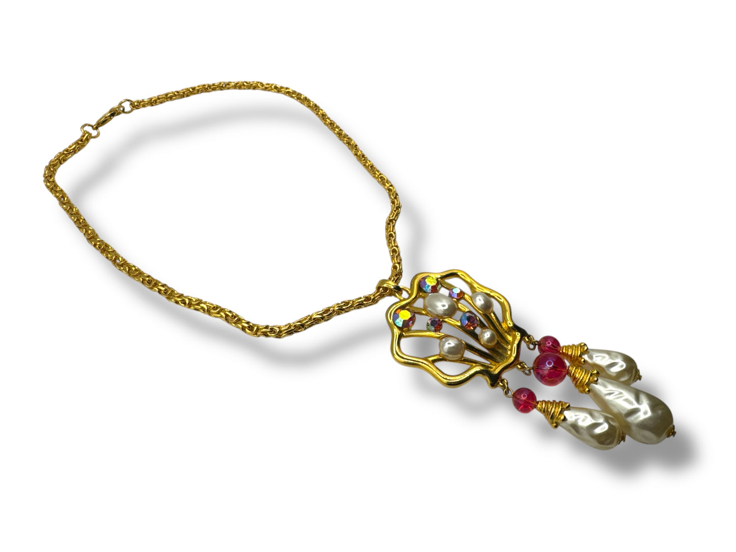 Vintage 1980s Pendant Necklace with Faux Pearls, Aurora Borealis Crystals & Baroque Drops