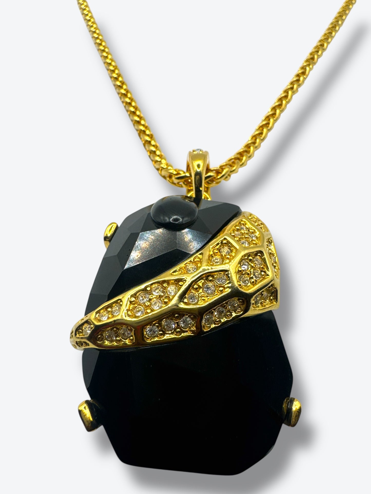 Vintage 1980s Kenneth Jay Lane Black Stone Pendant Necklace with Gold & Rhinestone Accents