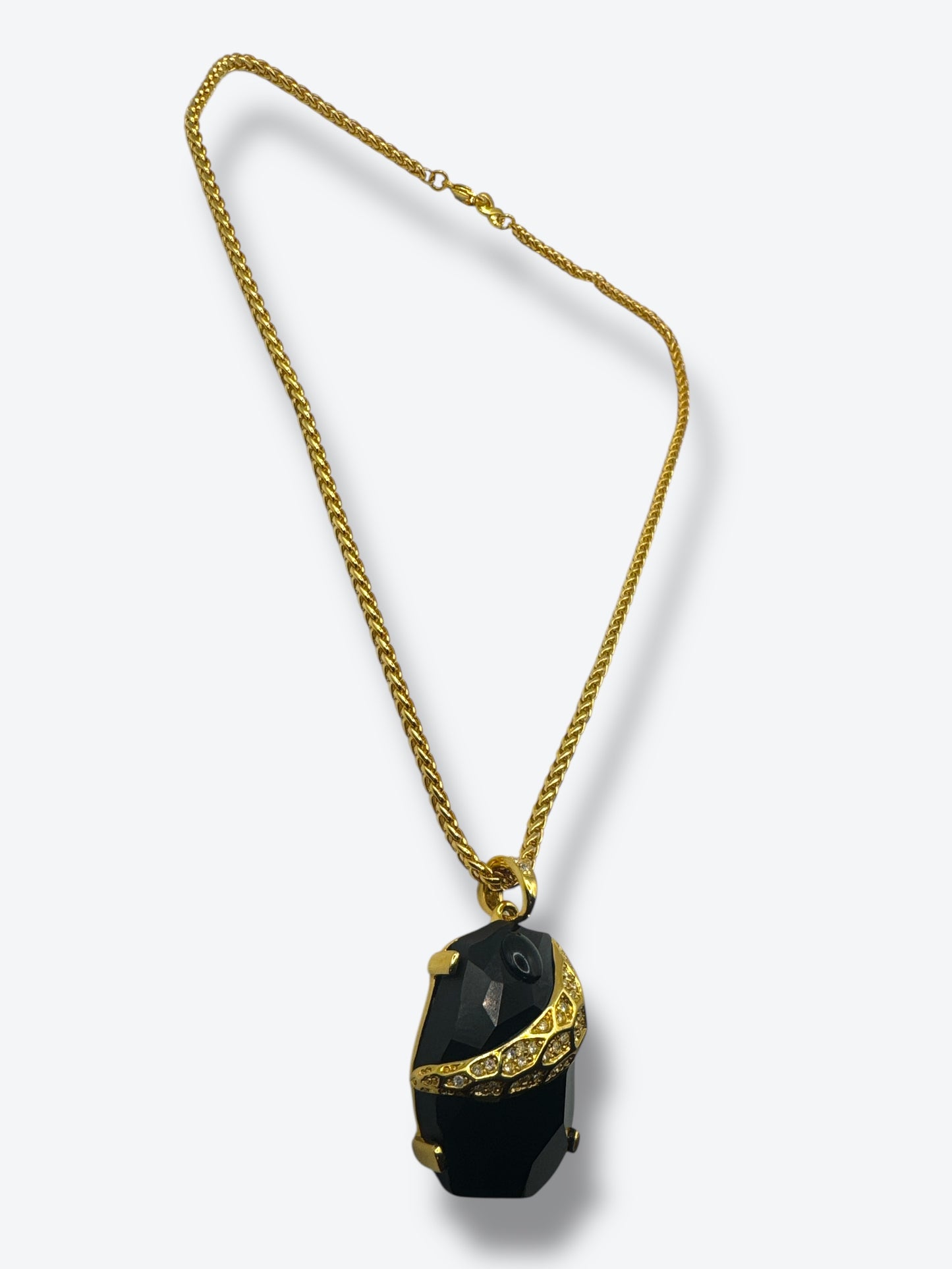 Vintage 1980s Kenneth Jay Lane Black Stone Pendant Necklace with Gold & Rhinestone Accents