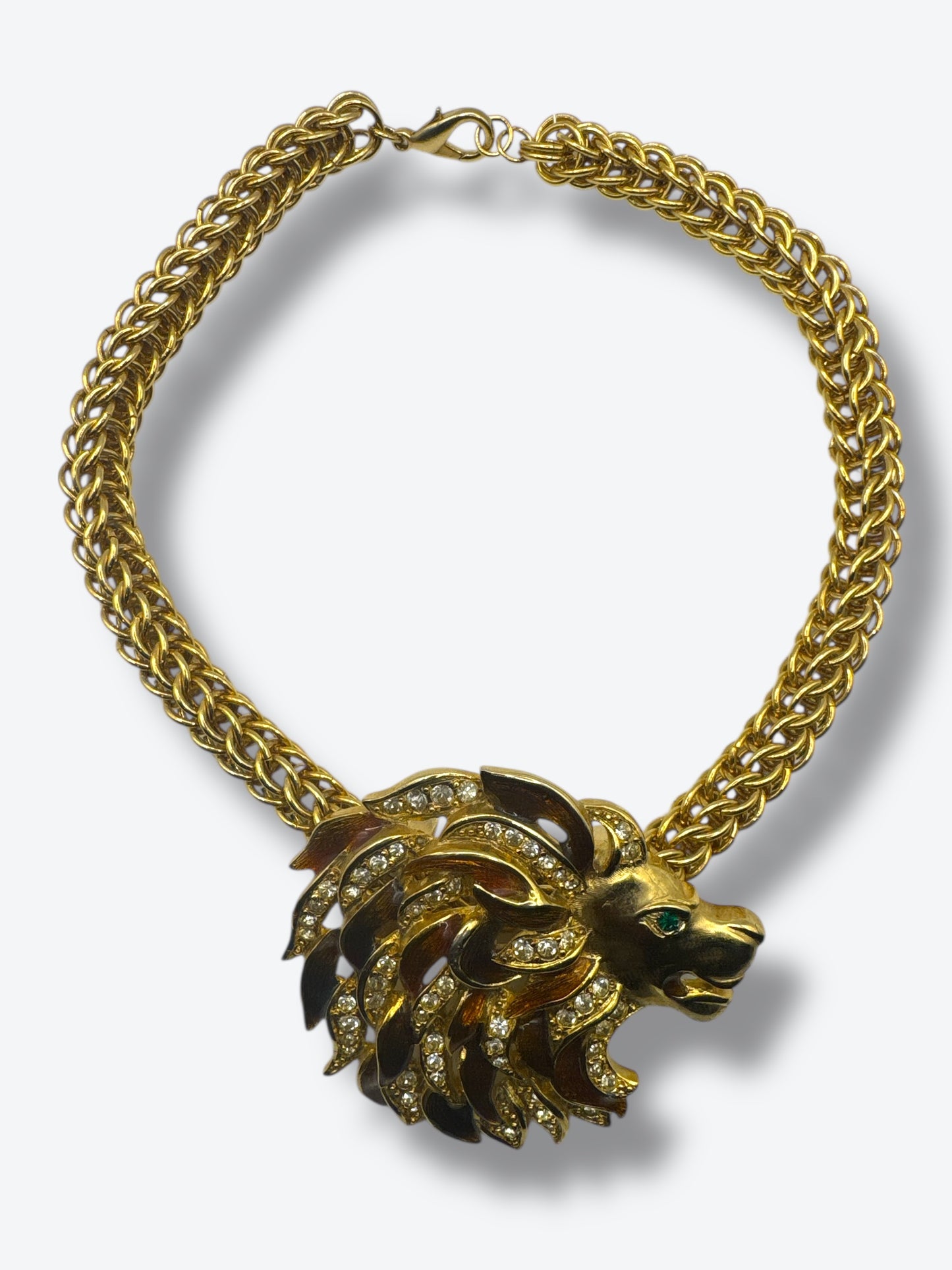 1980s Craft Lion Head Statement Necklace with Rhinestone & Enamel Mane