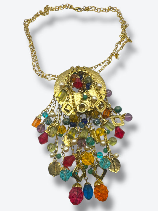 Vintage 1970s Bohemian Statement Necklace with Multicolor Beads & Gold Medallion