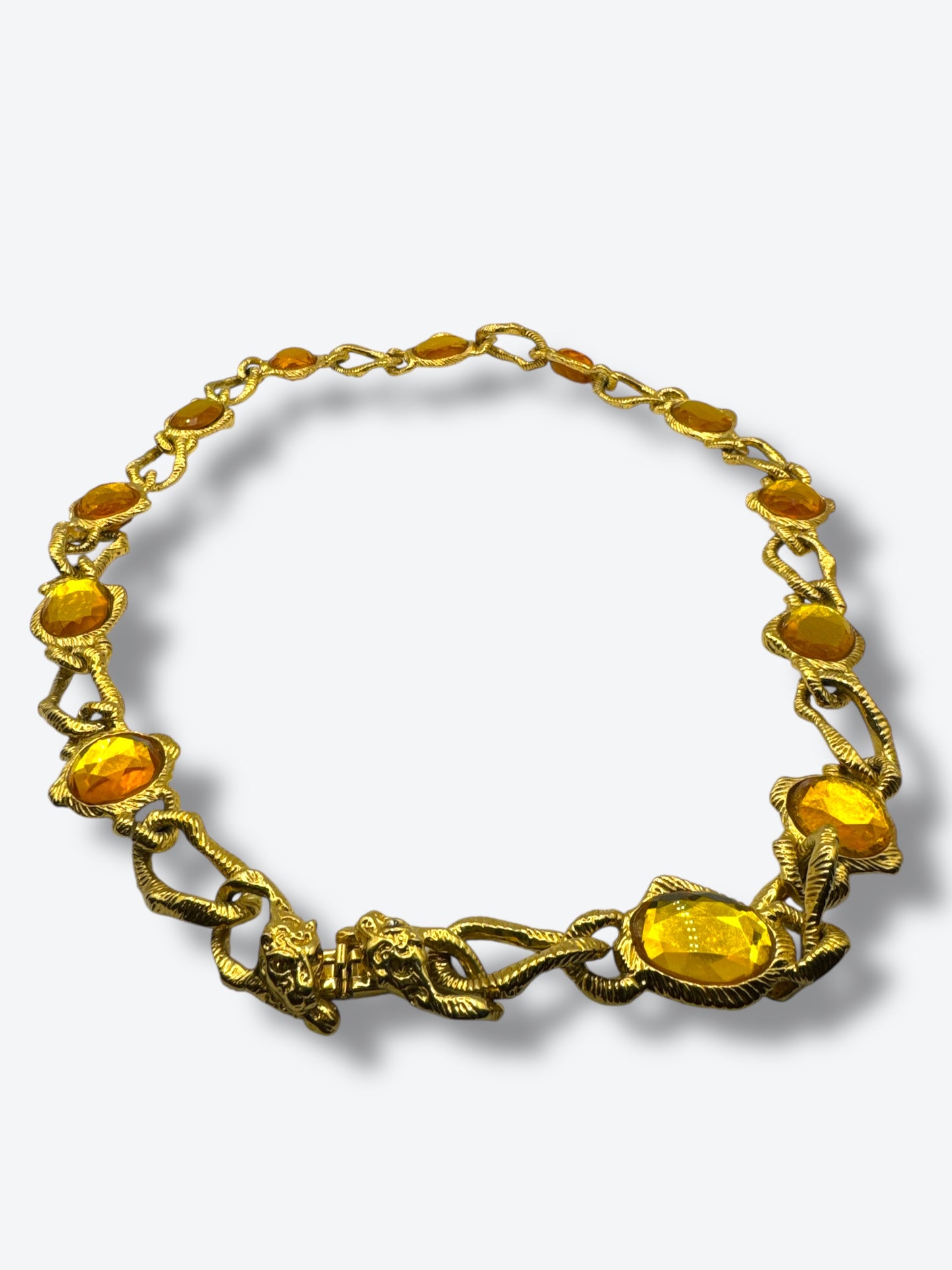 Vintage 1970s Sculptural Necklace with Golden Amber Glass & Lion-Head Clasp