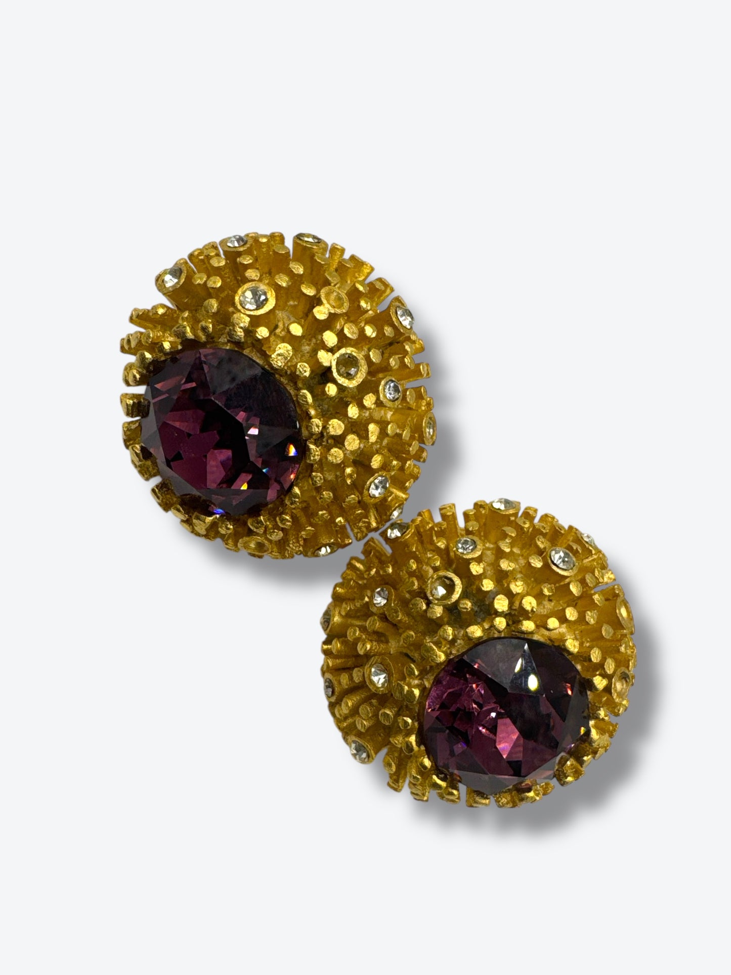 Vintage Craft Textured Gold & Amethyst Rhinestone Statement Earrings