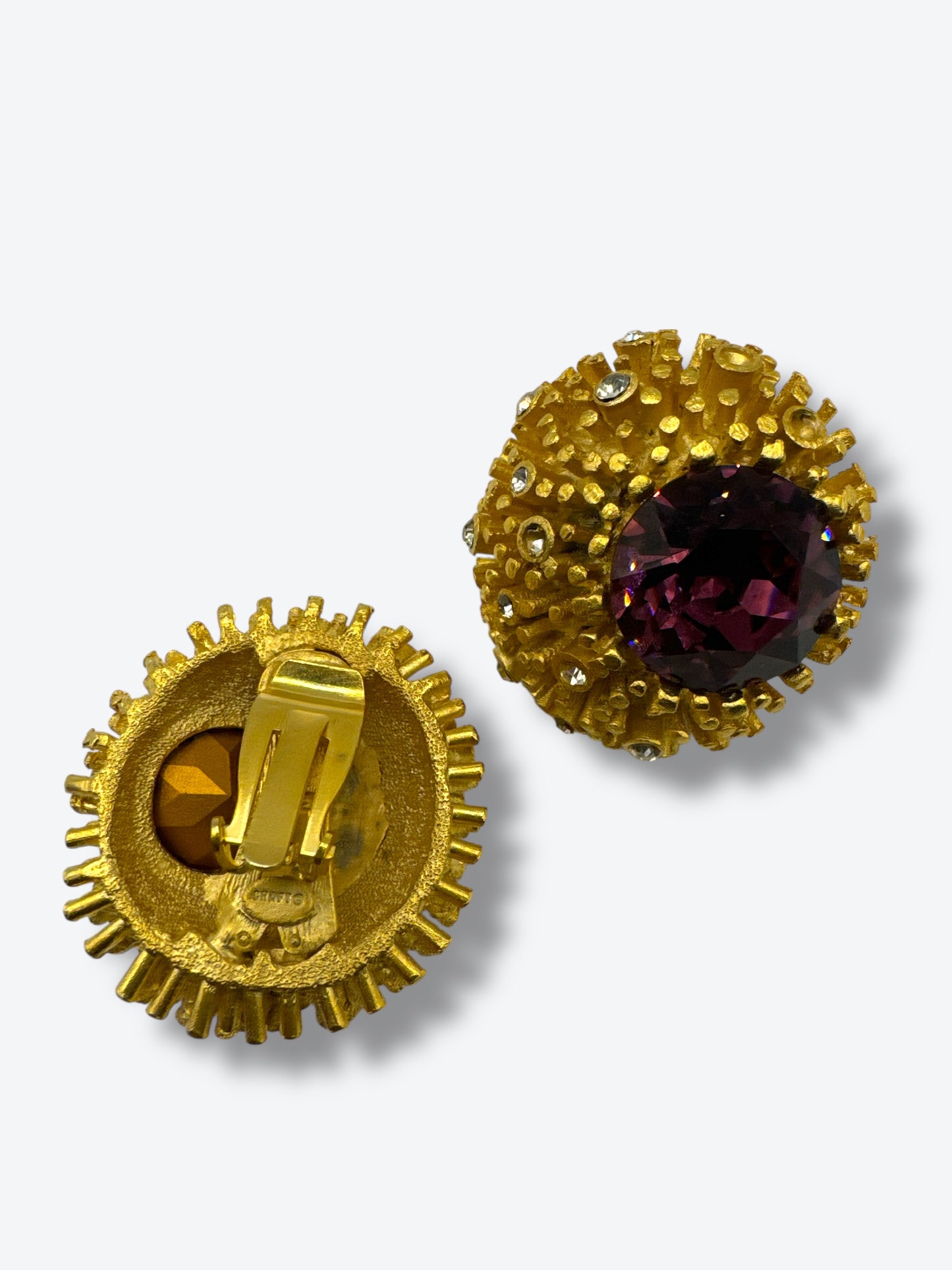 Vintage Craft Textured Gold & Amethyst Rhinestone Statement Earrings