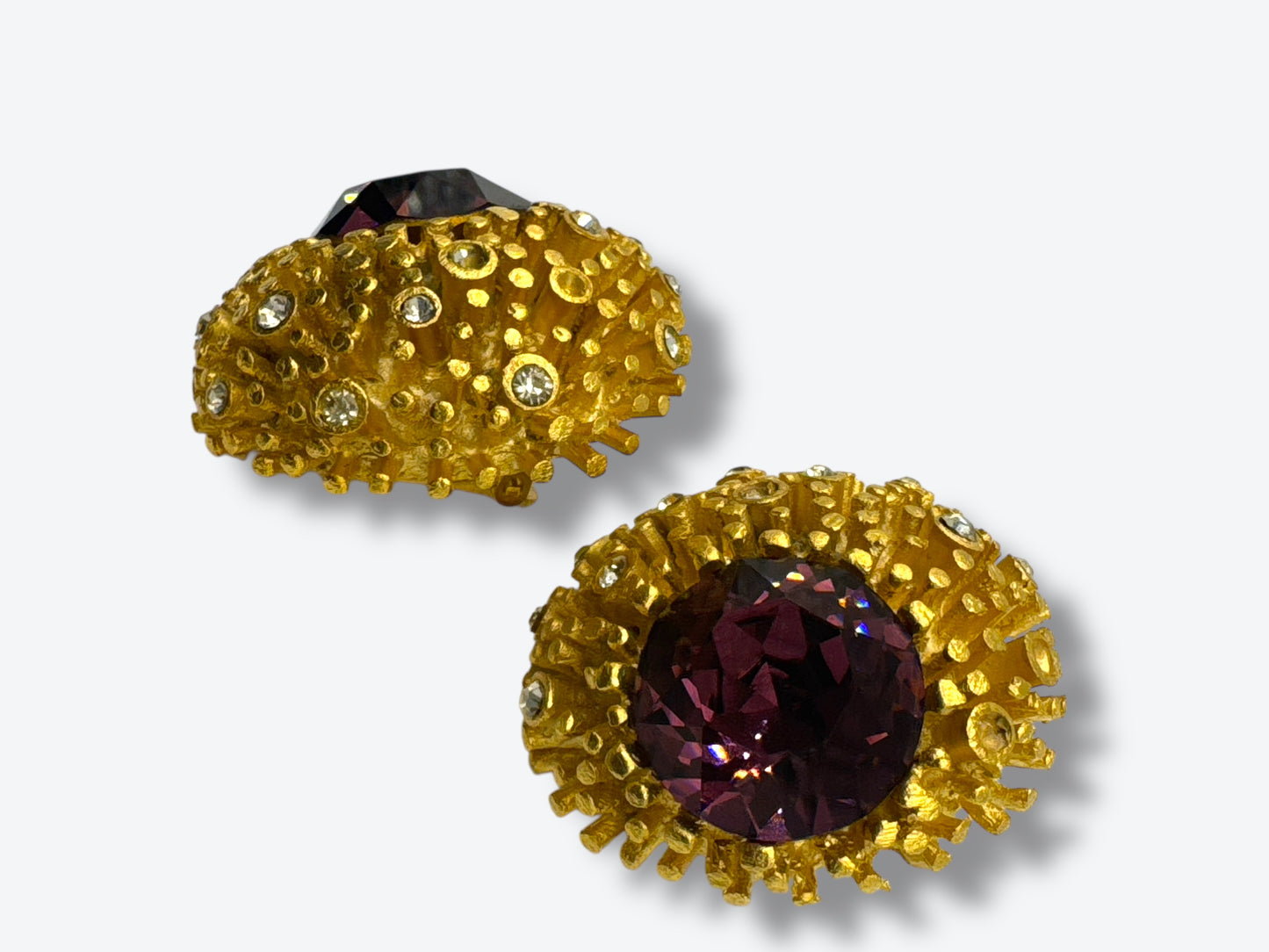 Vintage Craft Textured Gold & Amethyst Rhinestone Statement Earrings