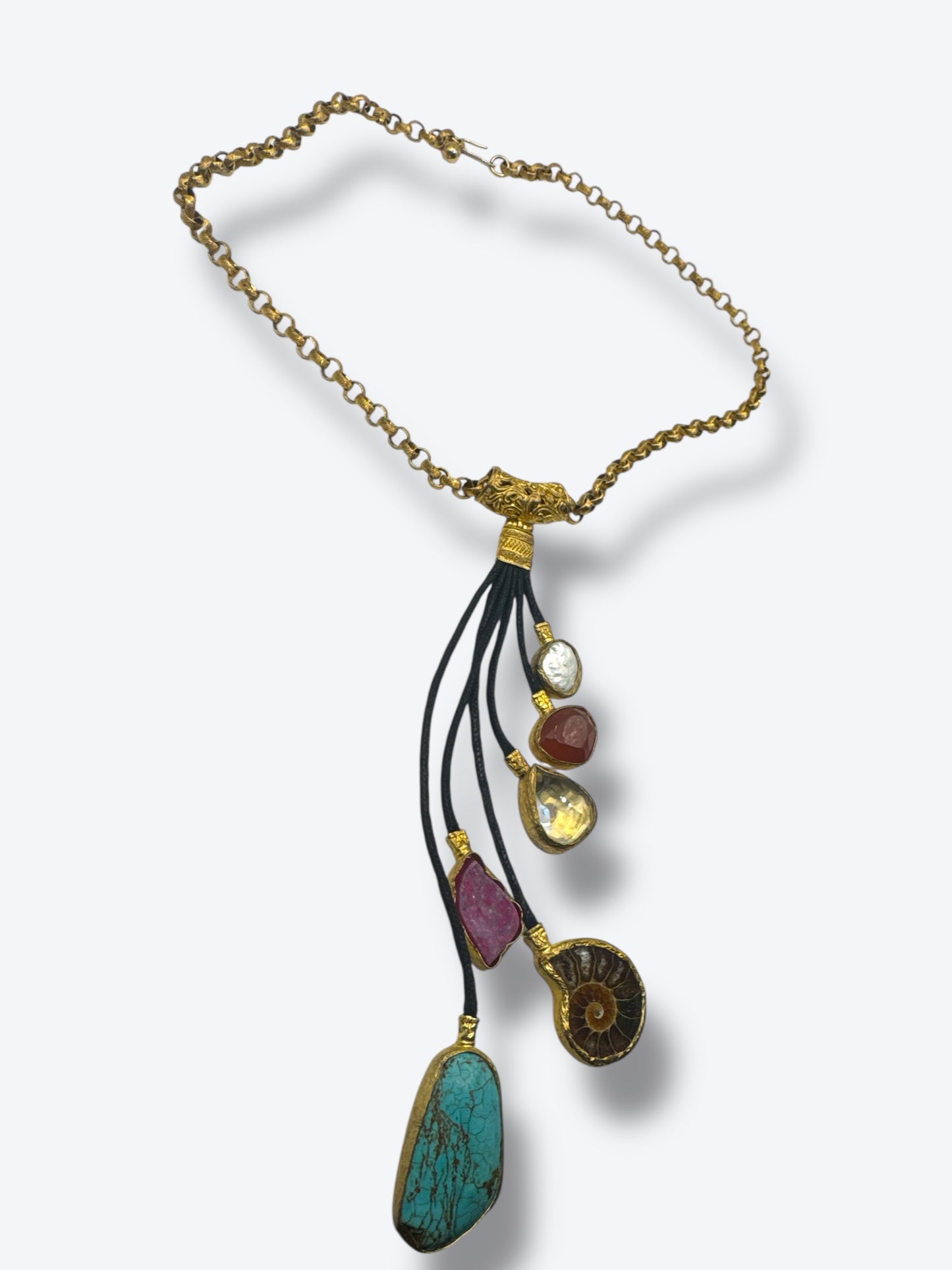 Vintage Artisan Necklace with Semi-Precious Stones & Fossil Pendant