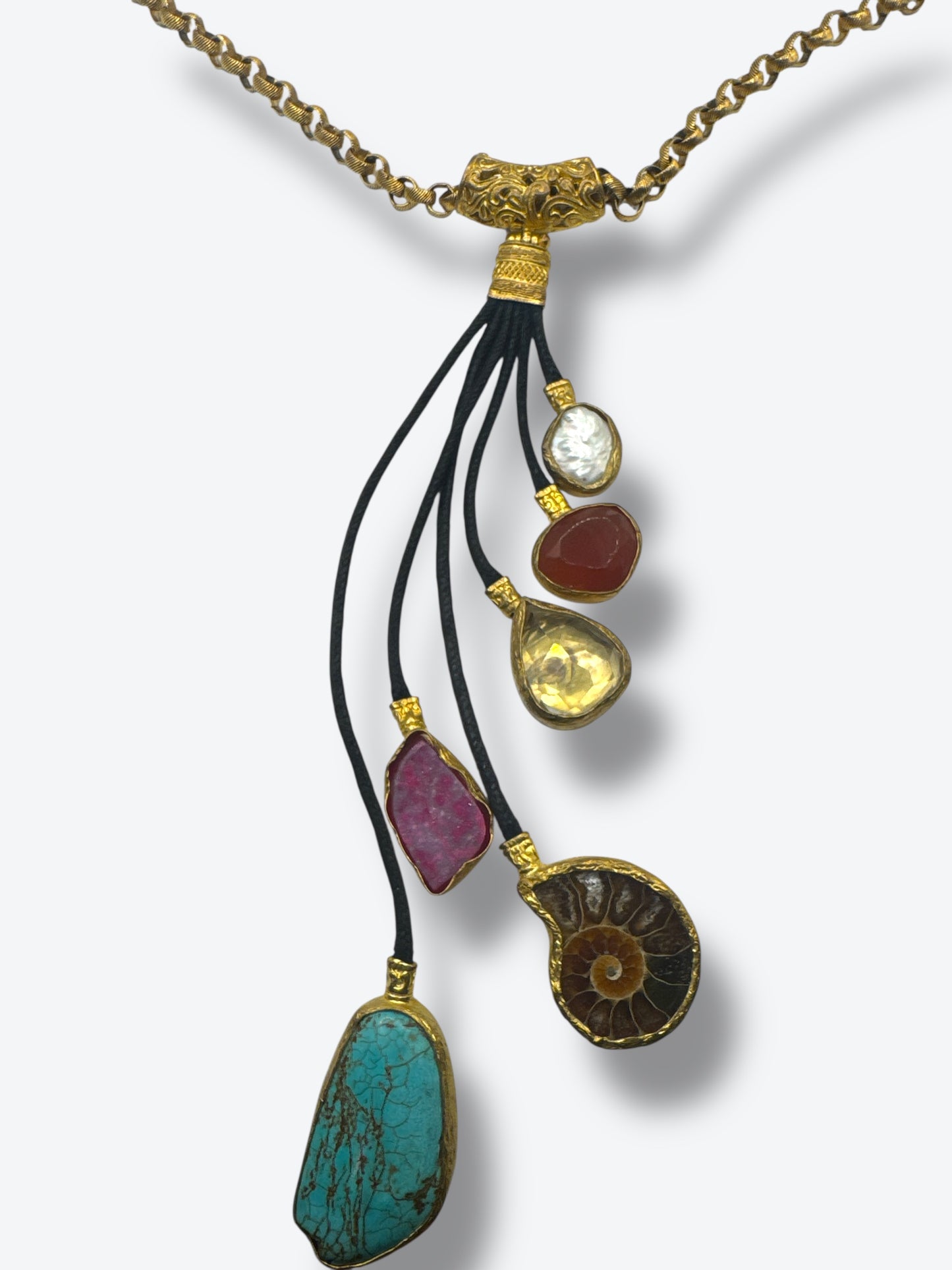 Vintage Artisan Necklace with Semi-Precious Stones & Fossil Pendant