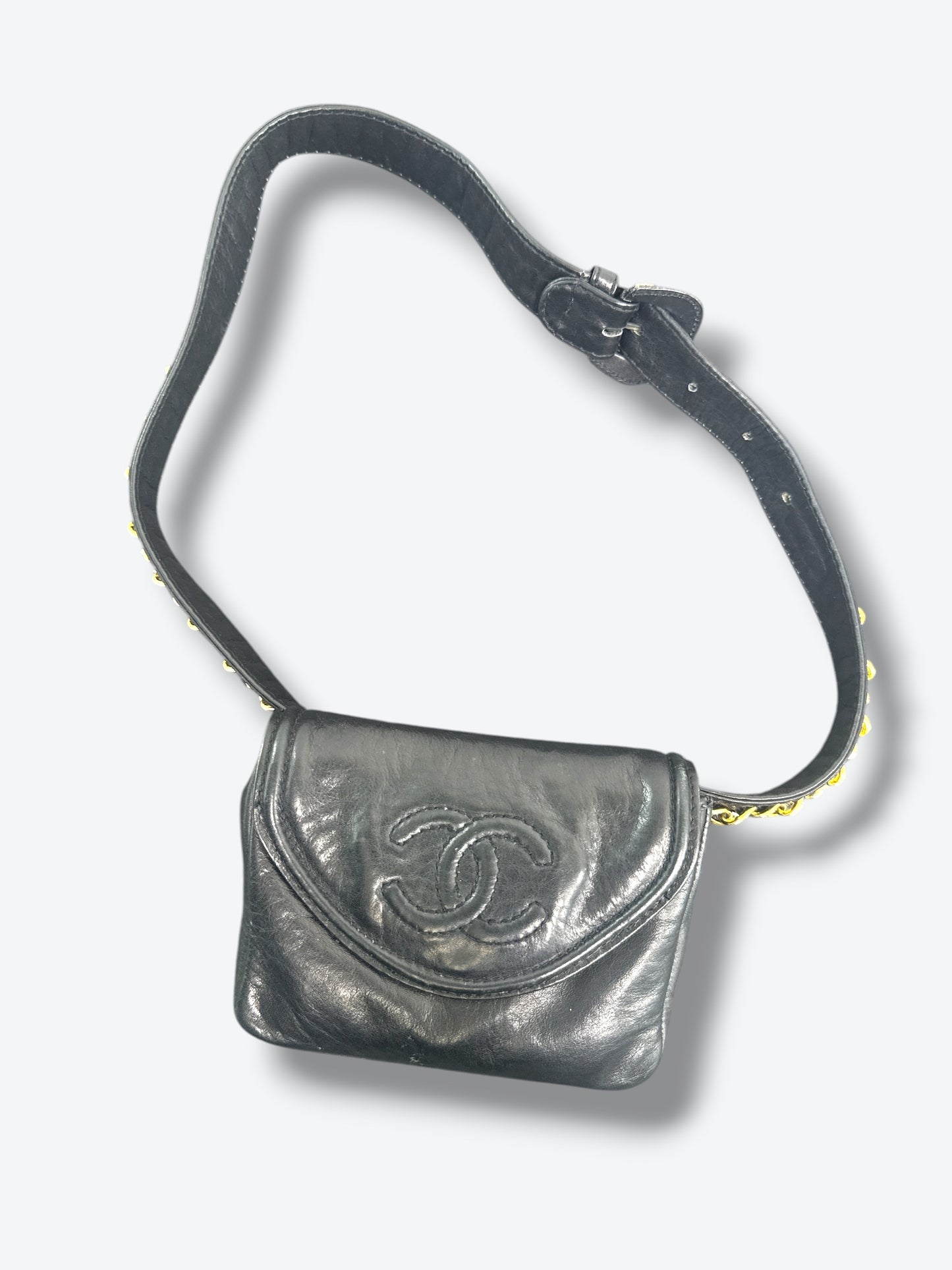 1990s Vintage Chanel Black Lambskin Leather Belt Bag with Chain Detail