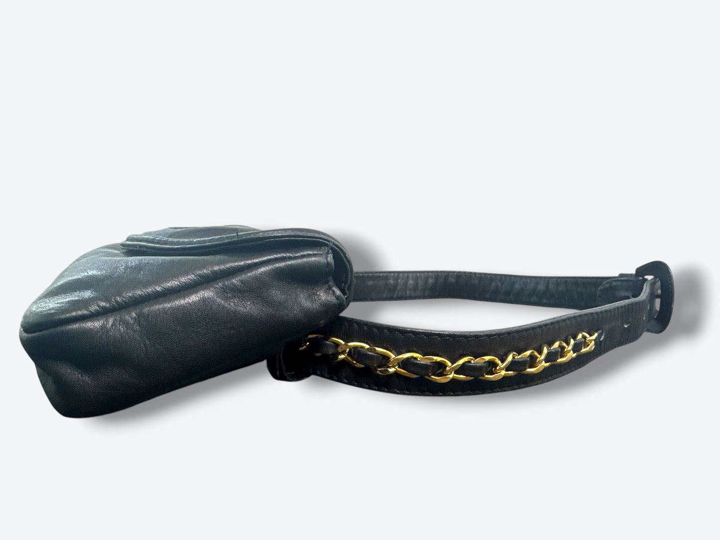 1990s Vintage Chanel Black Lambskin Leather Belt Bag with Chain Detail