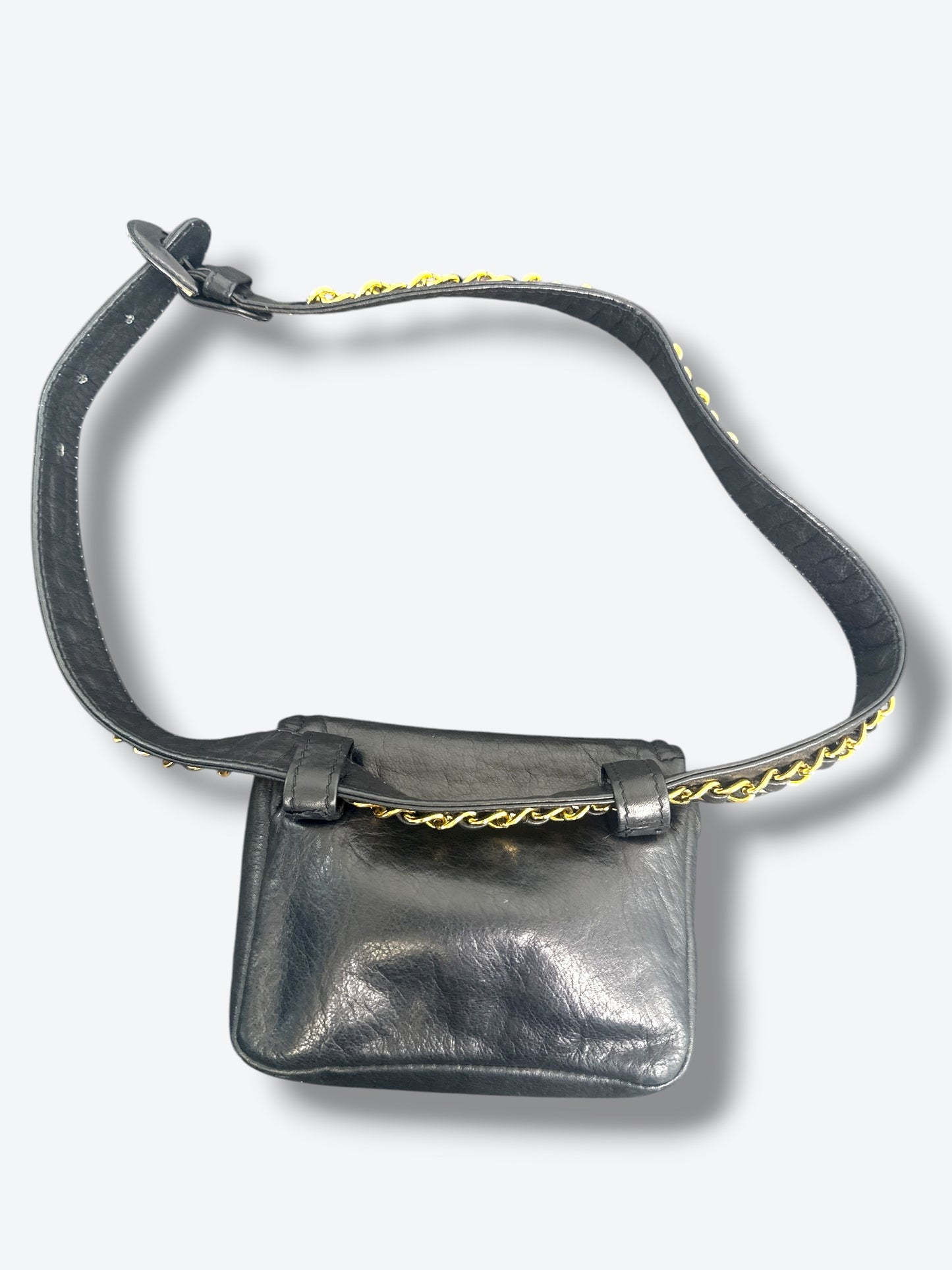 1990s Vintage Chanel Black Lambskin Leather Belt Bag with Chain Detail
