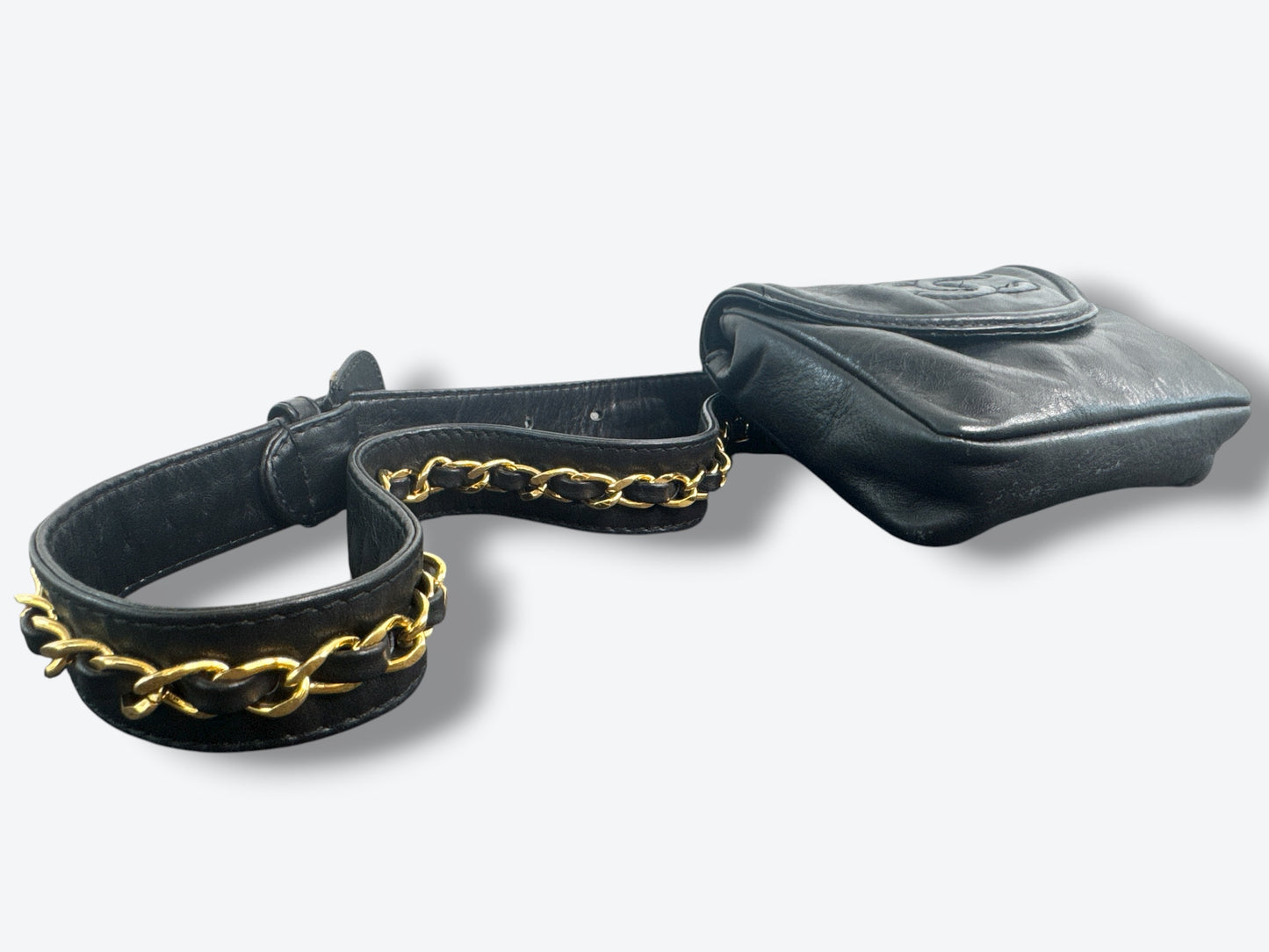 1990s Vintage Chanel Black Lambskin Leather Belt Bag with Chain Detail