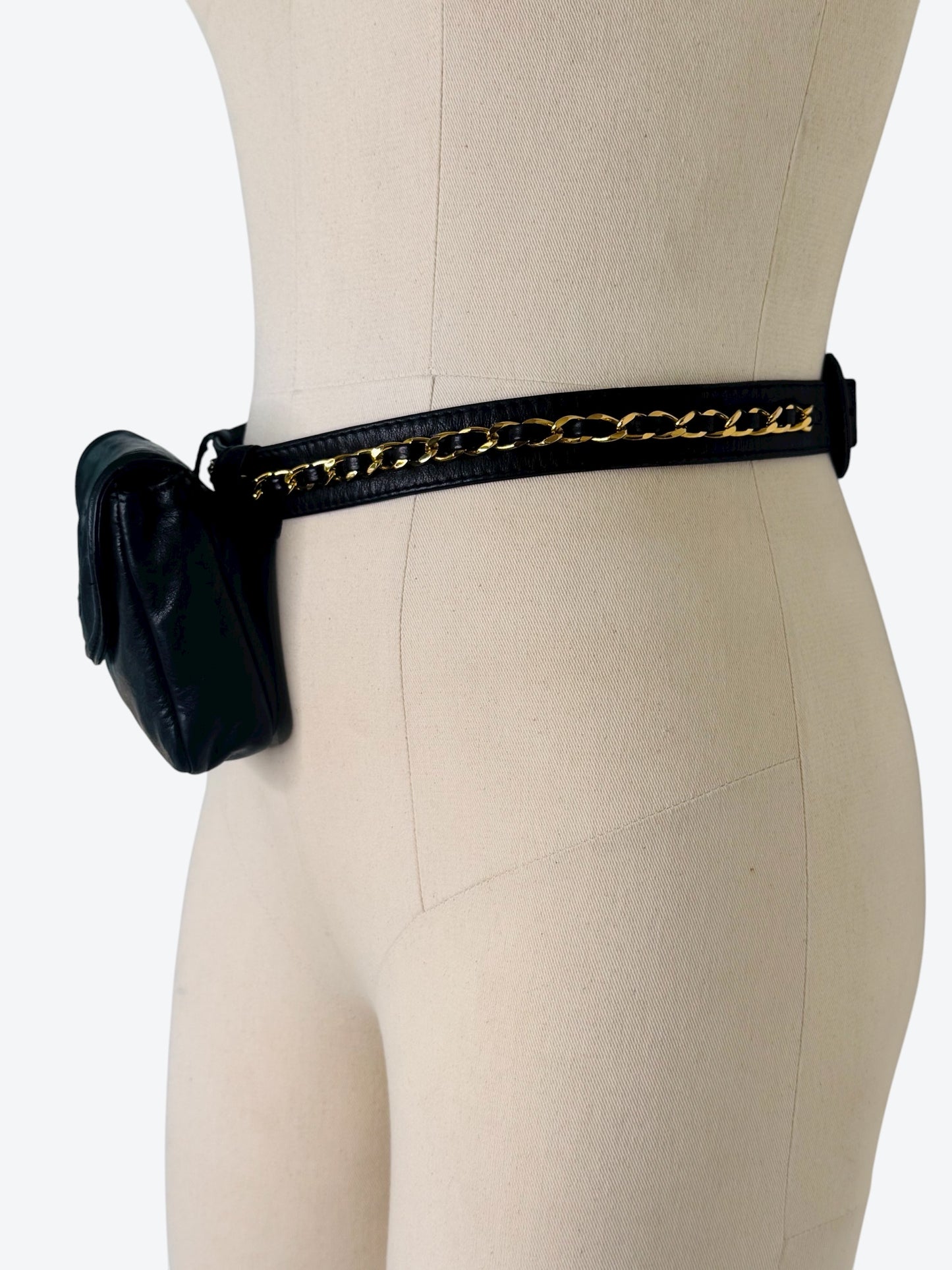 1990s Vintage Chanel Black Lambskin Leather Belt Bag with Chain Detail