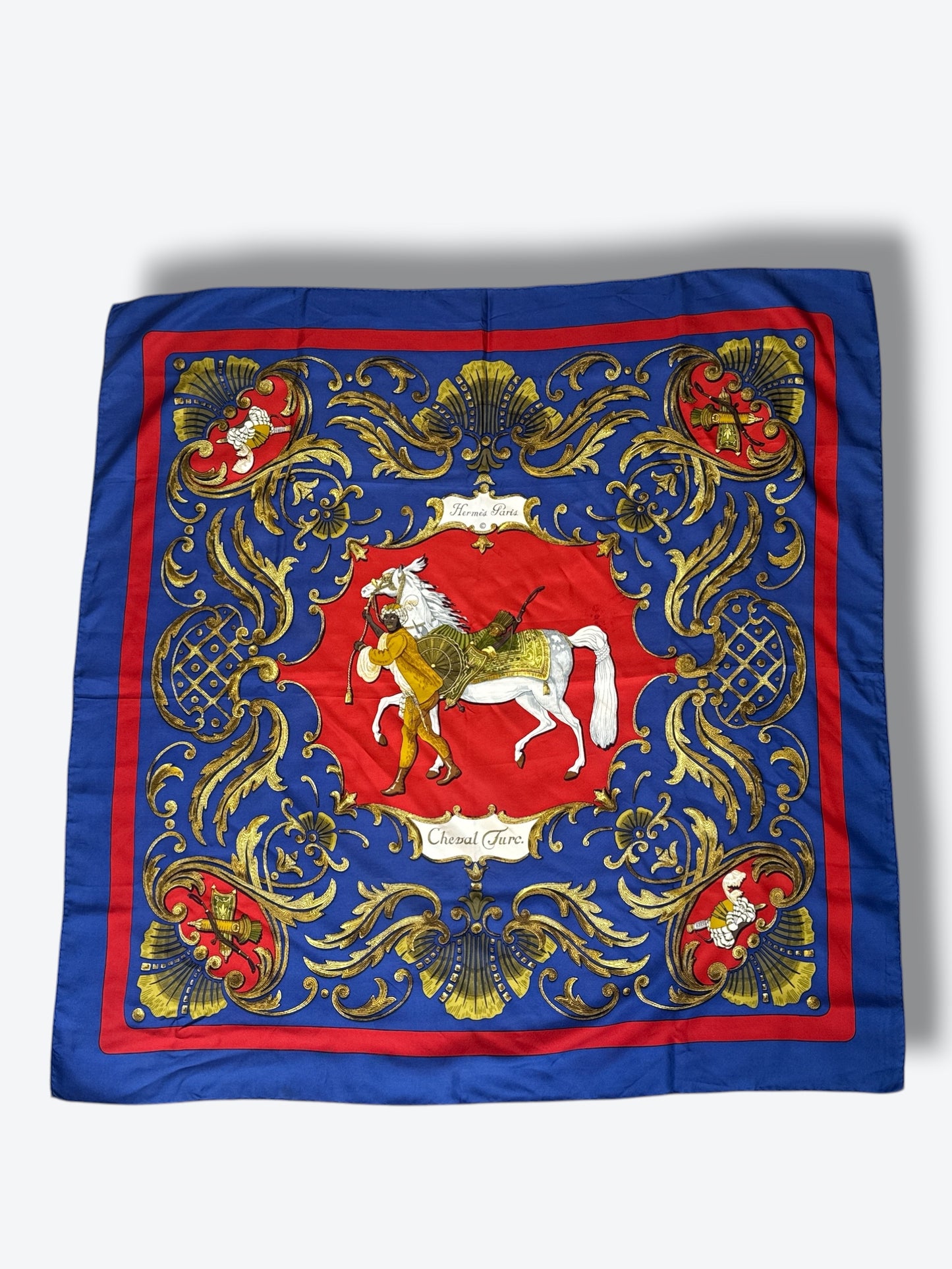 1970s 35” x 35” Hermès Paris Vintage Silk Scarf “Cheval Turc” – Red/Blue/Gold