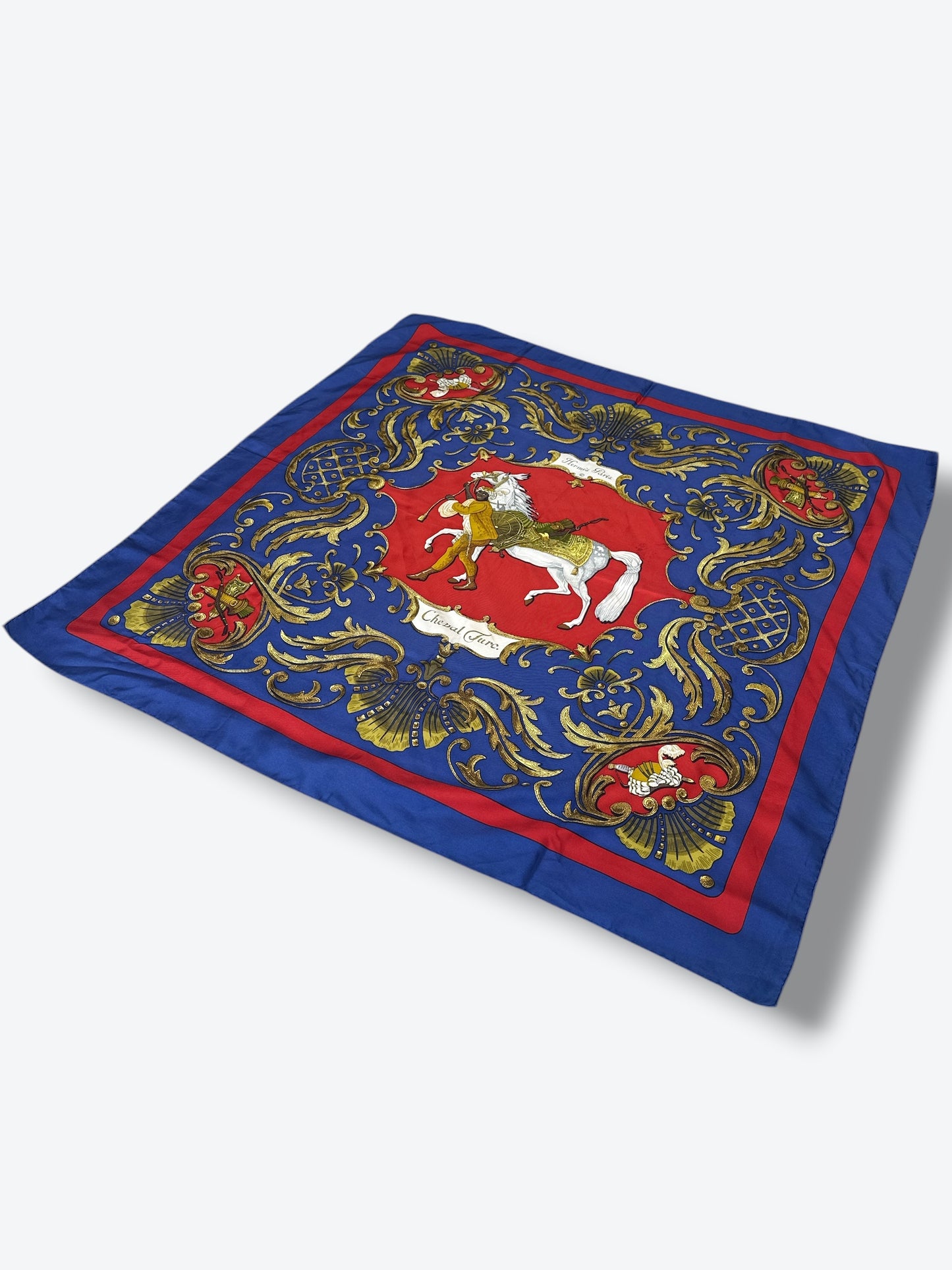 1970s 35” x 35” Hermès Paris Vintage Silk Scarf “Cheval Turc” – Red/Blue/Gold