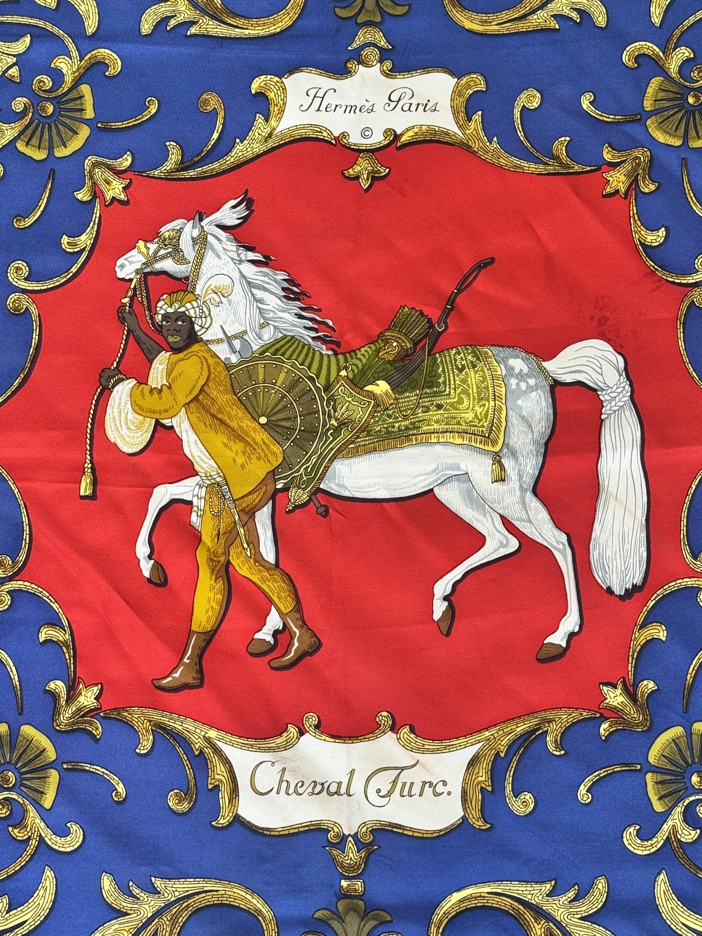 1970s 35” x 35” Hermès Paris Vintage Silk Scarf “Cheval Turc” – Red/Blue/Gold