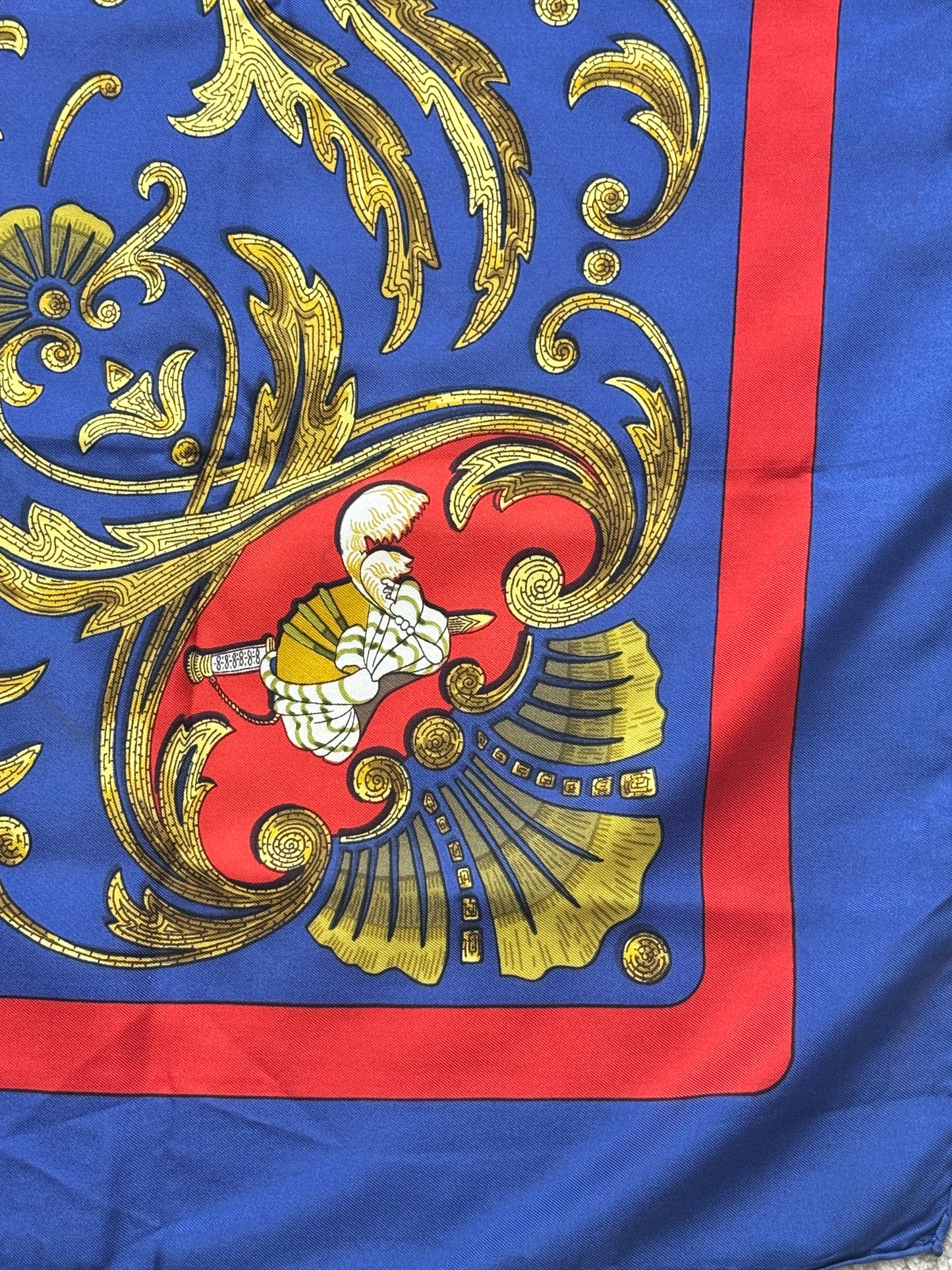 1970s 35” x 35” Hermès Paris Vintage Silk Scarf “Cheval Turc” – Red/Blue/Gold