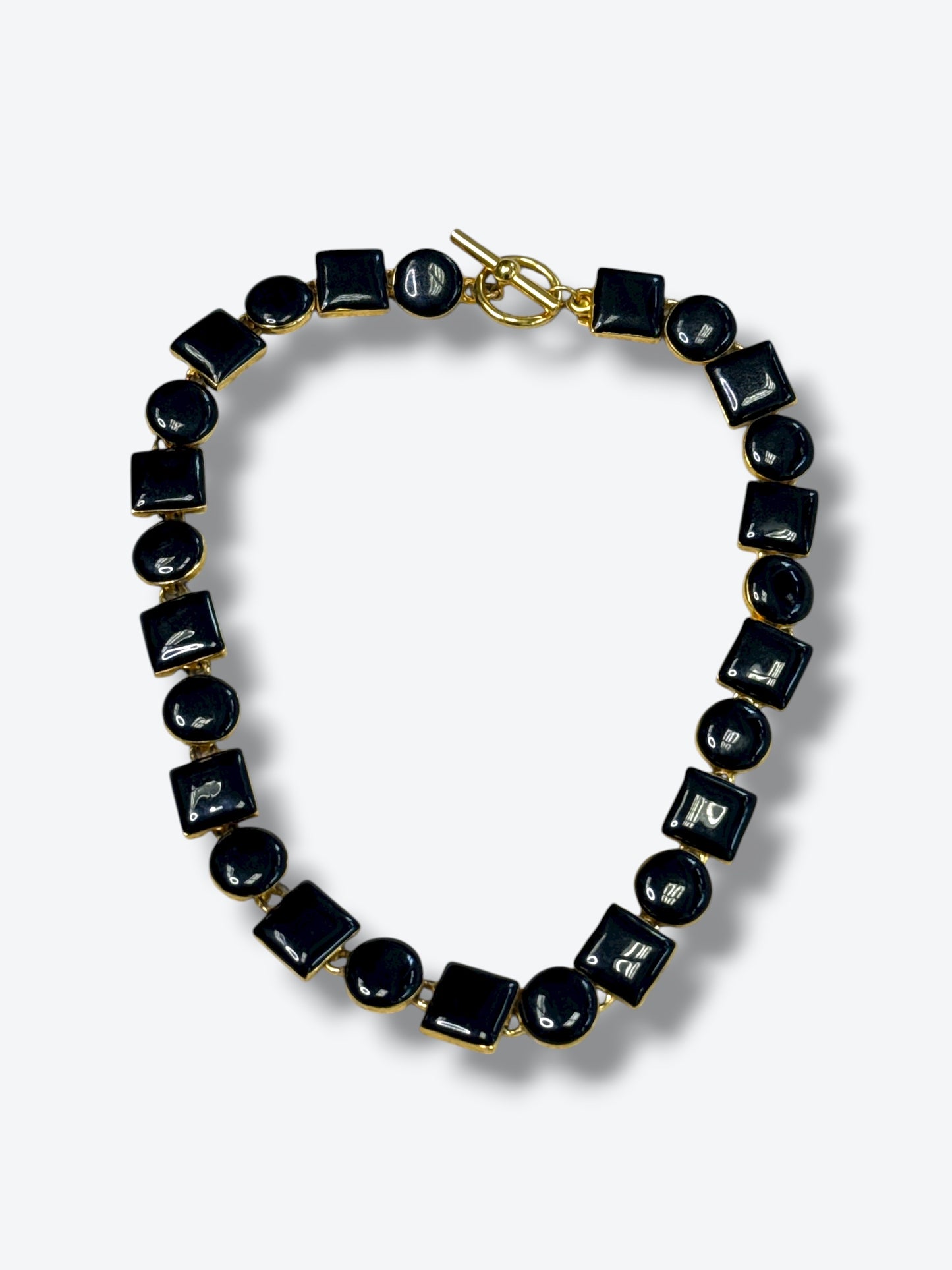 1980s Anne Klein Enamel Black & Gold Geometric Statement Necklace
