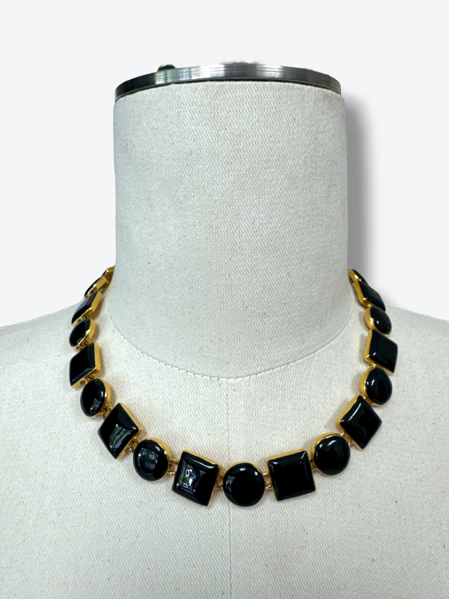 1980s Anne Klein Enamel Black & Gold Geometric Statement Necklace