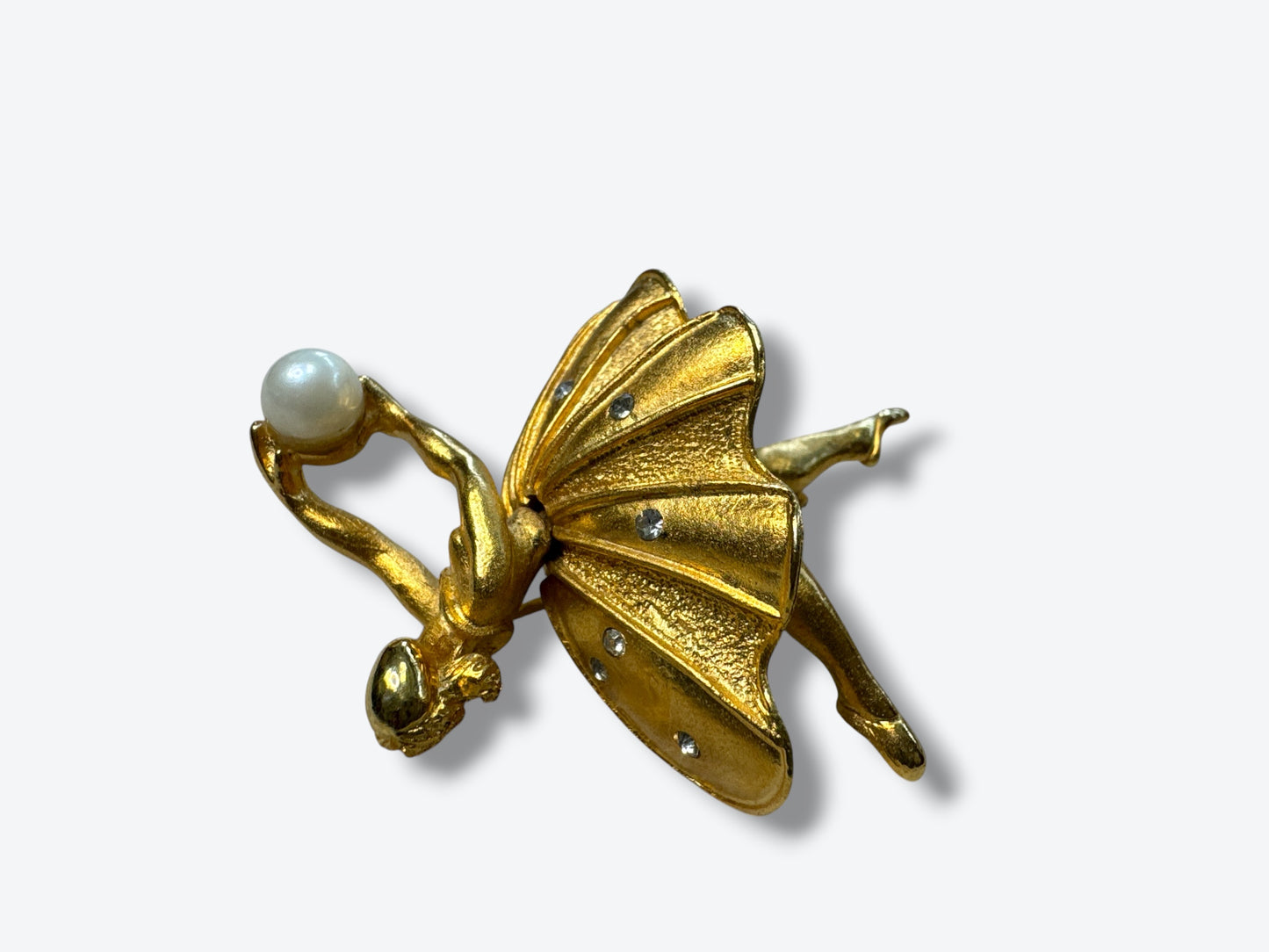 1950s 2” Ballerina Brooch – Gold Tone with Rhinestones & Faux Pearl